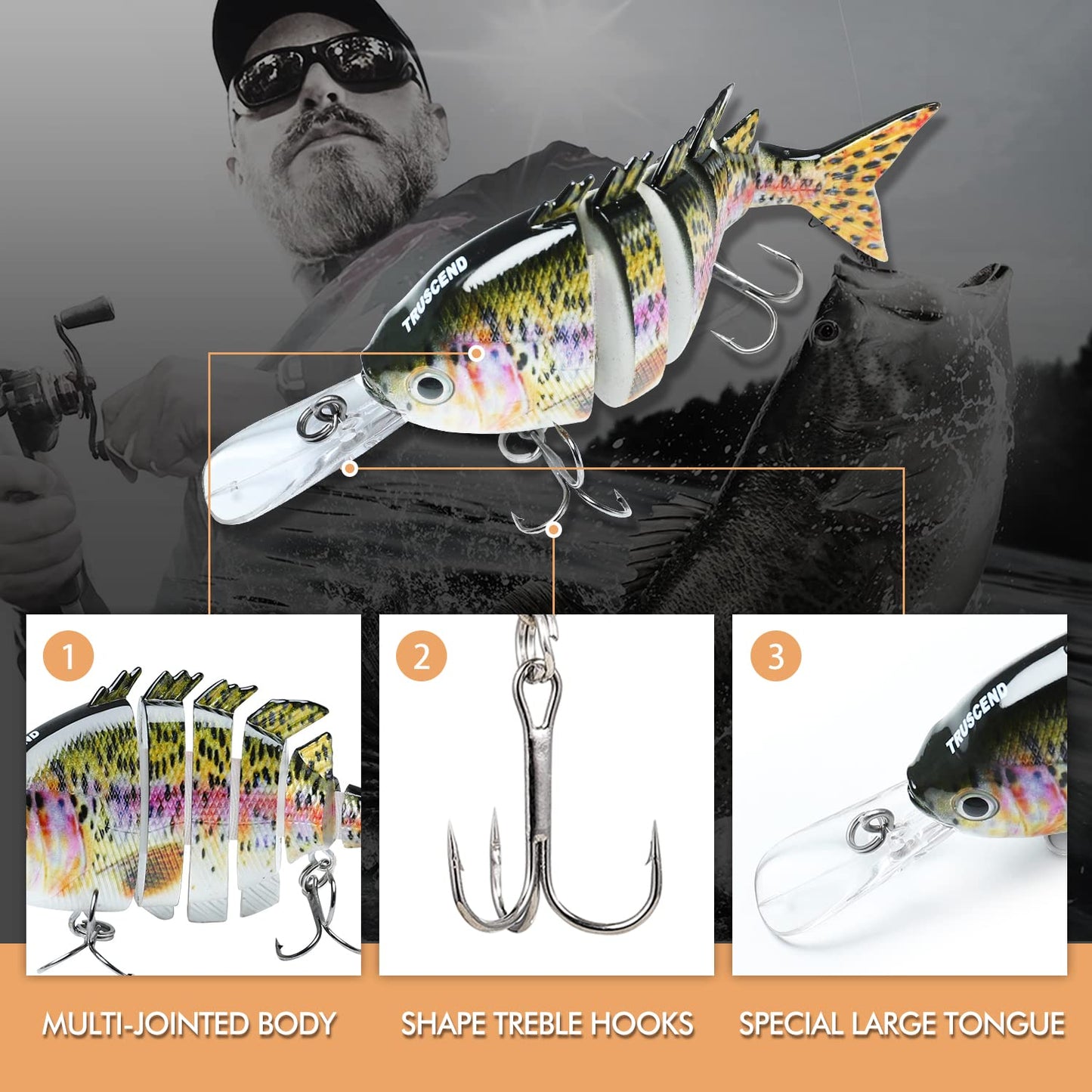 TRUSCEND Fishing Lures for Bass Trout Multi Jointed Swimbaits Slow Sinking Bionic Swimming Lures Bass Freshwater Saltwater Bass Lifelike Fishing Lures Kit (A6-3.9",0.49oz)