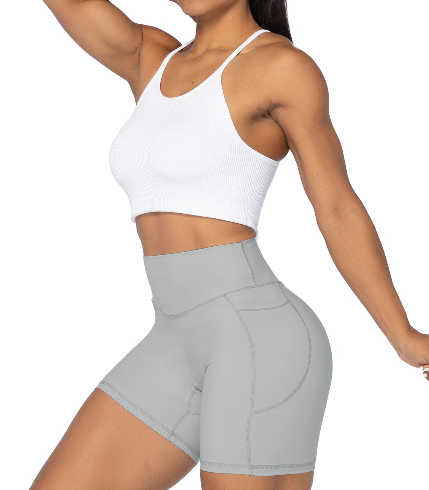 Sunzel No Front Seam Biker Shorts for Women with Pockets, Yoga Workout Gym Bike Shorts with Tummy Control 5" Grey X-Small