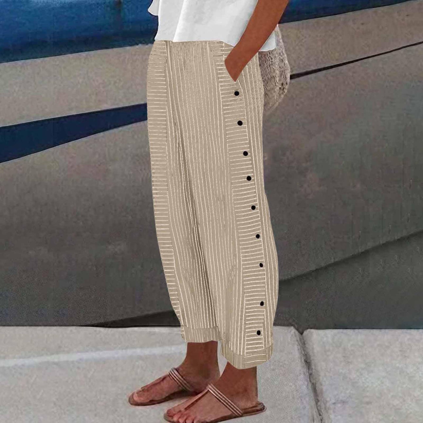 Generic Lightning Deals of Today Prime Clearance,Maternity Jeans Pants for Women Trendy Womens Capris Summer Striped Linen High Waisted Baggy Trousers Casual Track Loose Rubber Pants(Khaki,M), Medium