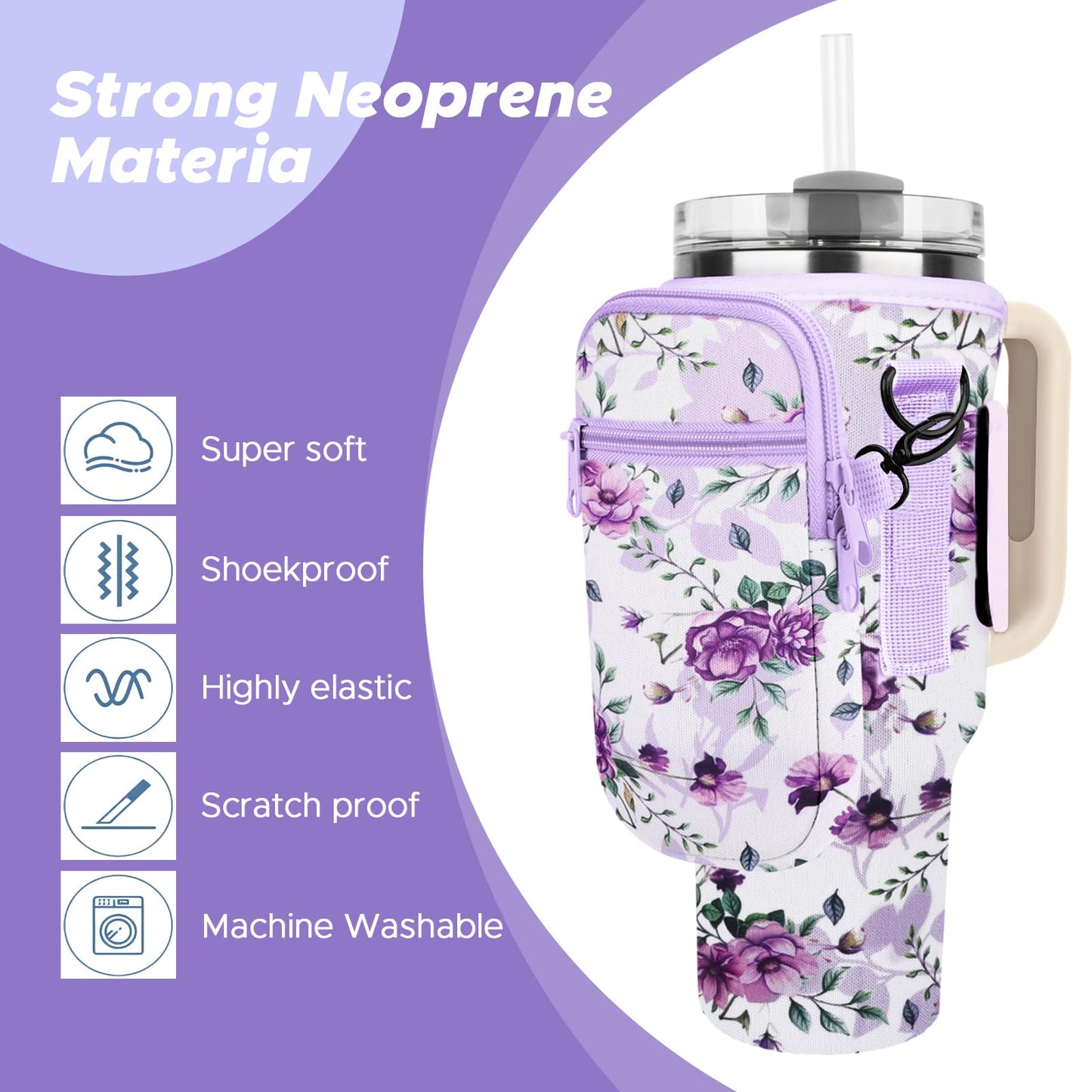 Watter Bottle Carrier Bag with Detachable Pocket Compatible with Stanley& Simple Morden 40oz Tumbler with Handle,Water Cup Holder with Adjustable Shoulder Strap& Carabiner for Stanley Cup Accessories