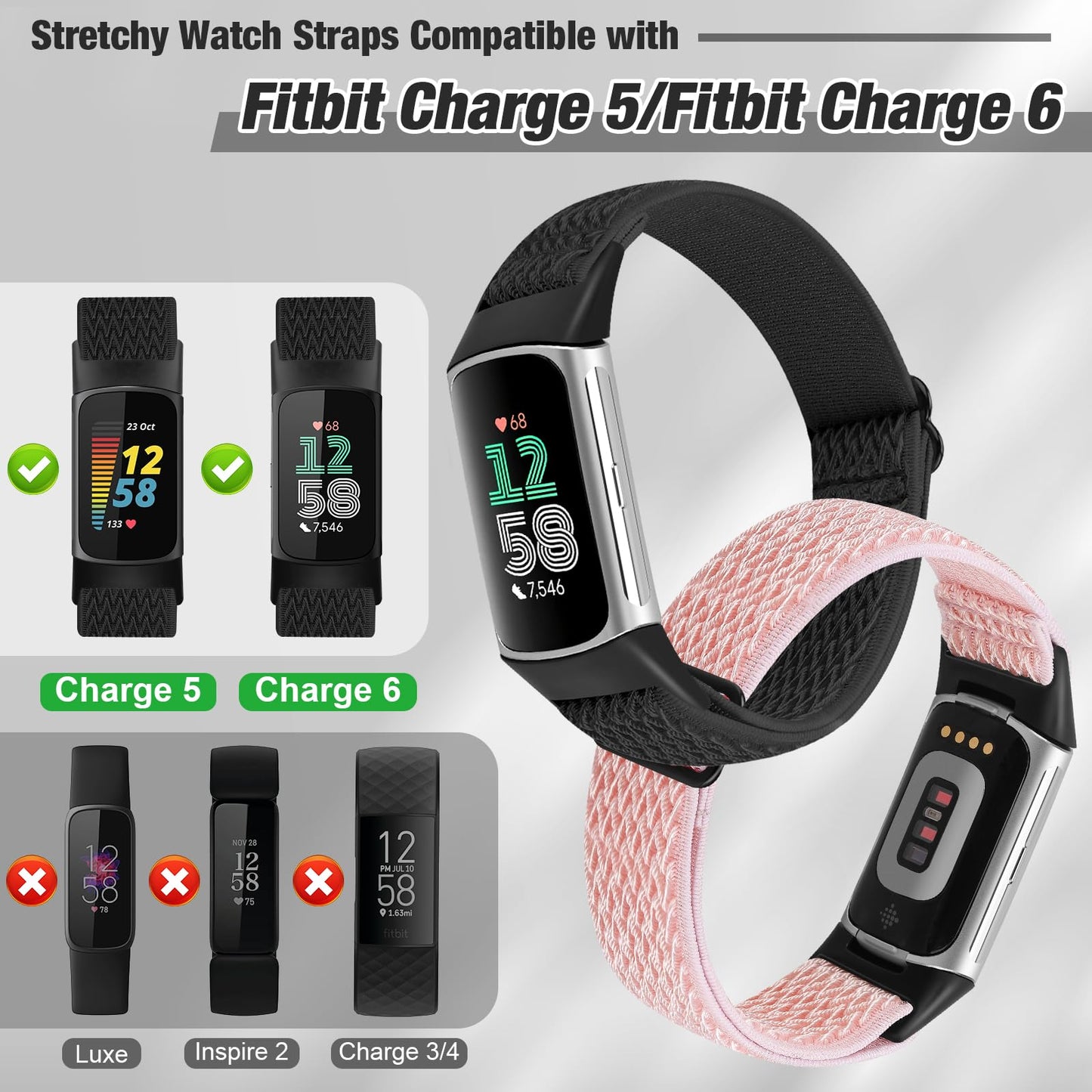 Puhuite 3 Pack Elastic Nylon Bands Compatible with Fitbit Charge 6/Fitbit Charge 5 Band, Adjustable Stretchy Nylon Loop Sports Strap Replacement Wristband for Fitbit Charge 5/Charge 6, Men and Women