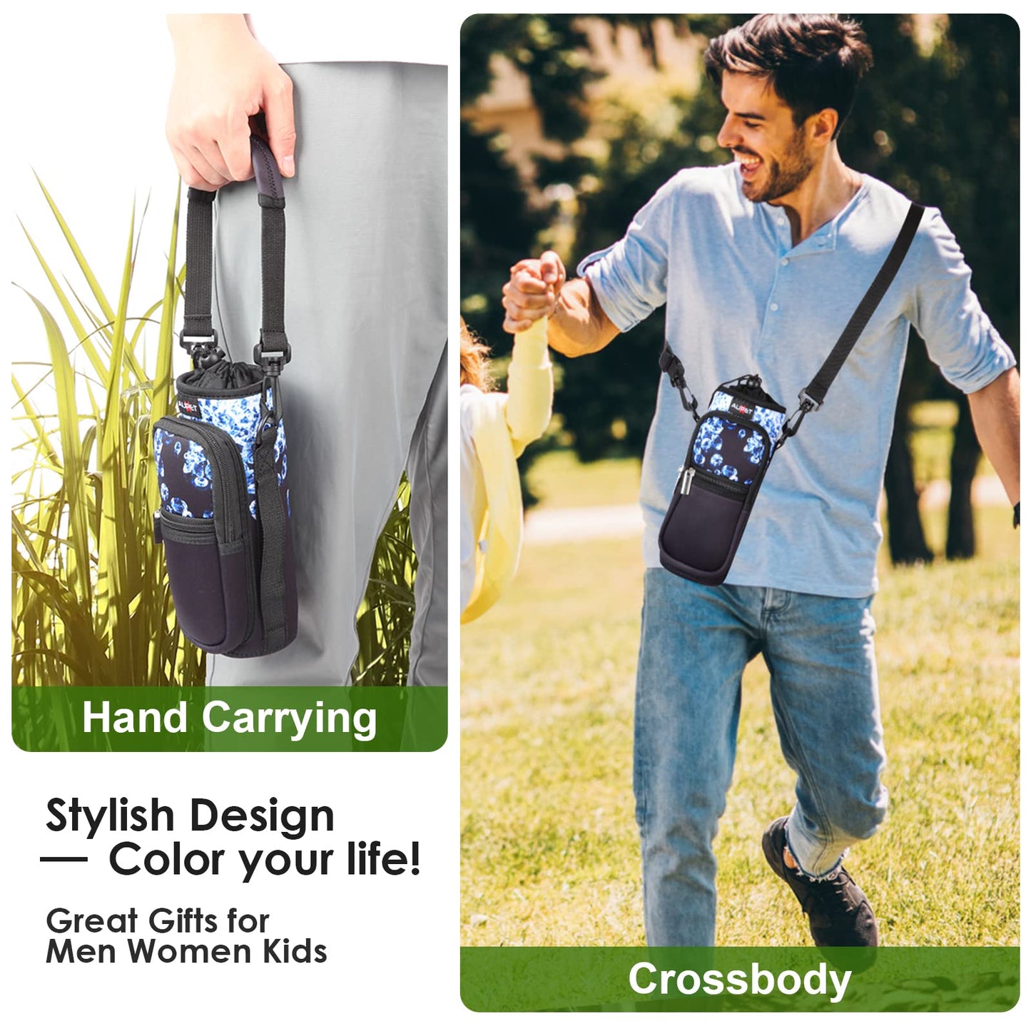AUPET Water Bottle Sling Bag Sleeve Holder Carrier 25/32/40/64 oz,Insulated Crossbody Water Bottle Case Cover with Strap and Pockets for Men/Women Walking Hiking Camping (25oz, shinning Diamonds)