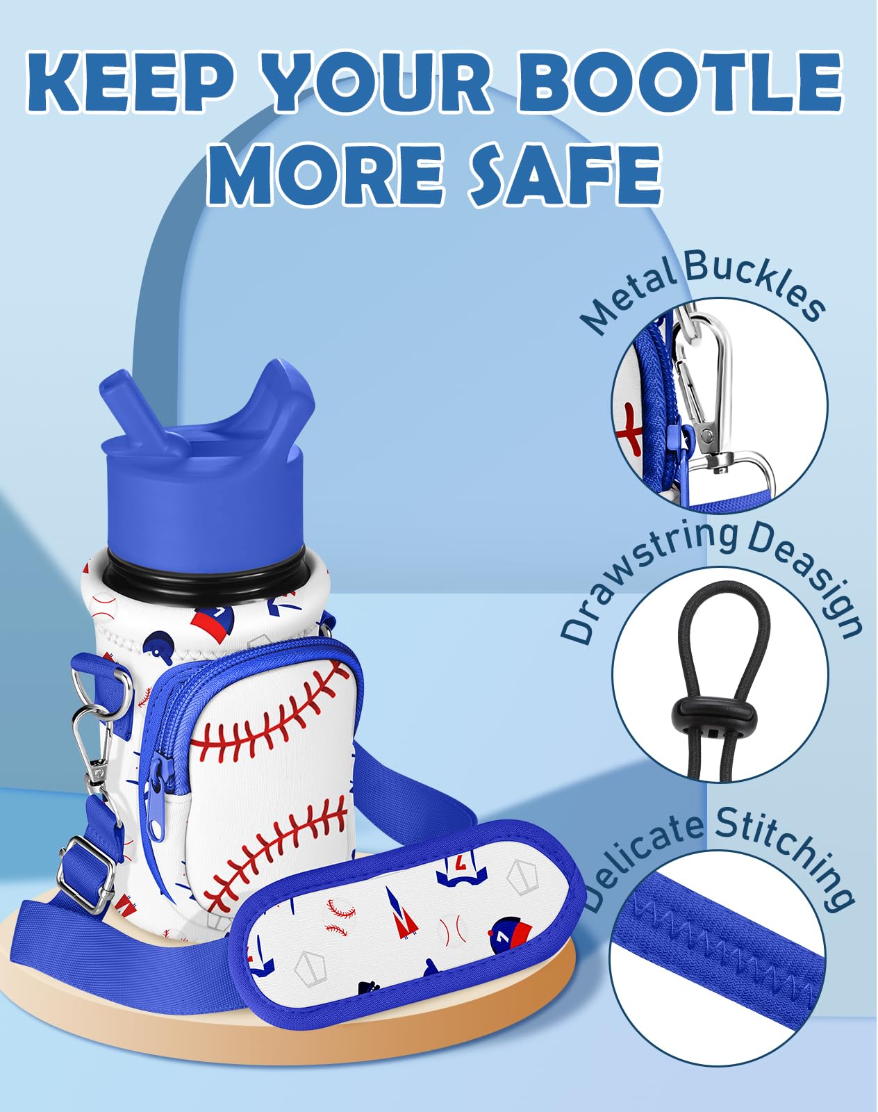 Miss Adola Water Bottle Carrier with Strap Cartoon Water Bottle Bags Holder for Kids Boys Girls Neoprene Insulated Bottle Bag for 10/12/14/16/18Oz Stainless Steel Glass Bottles Sleeve, Baseball