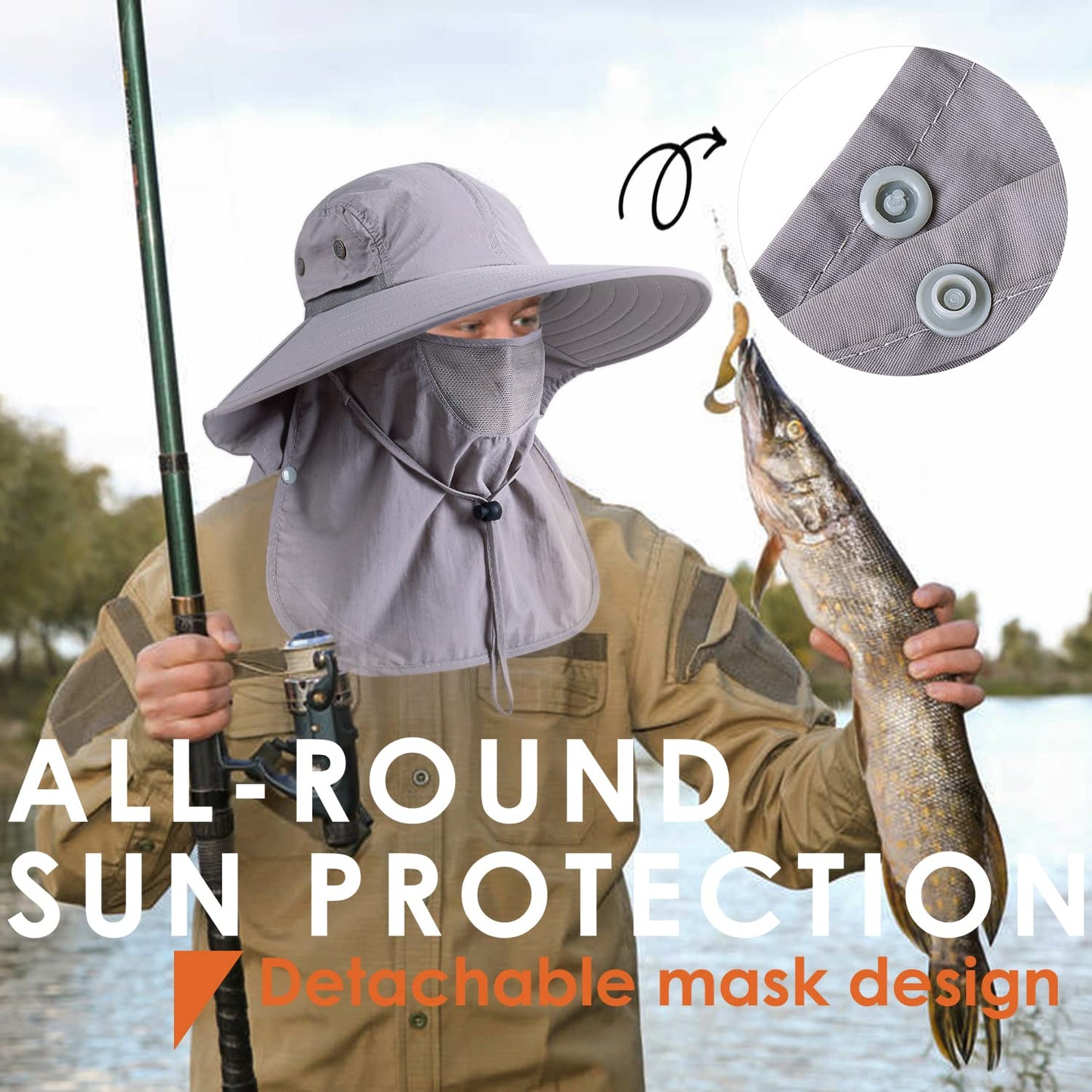HEEHIPOO Mens Women Fishing Hat UPF 50+ Wide Brim Sun Hat with Face Cover & Neck Flap Grey