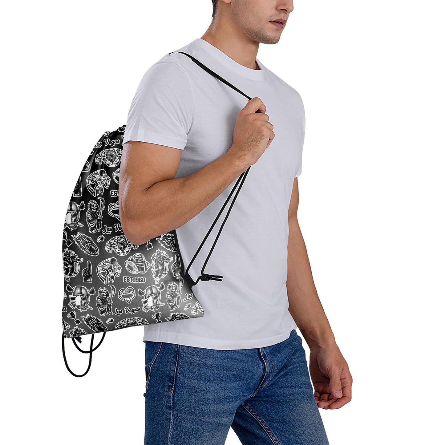 MAUPIVAE Las Vegas Drawstring Bags, Football Lovers Gym Sports Backpack, Black and Silver Hiking Travel Bag for Men Women