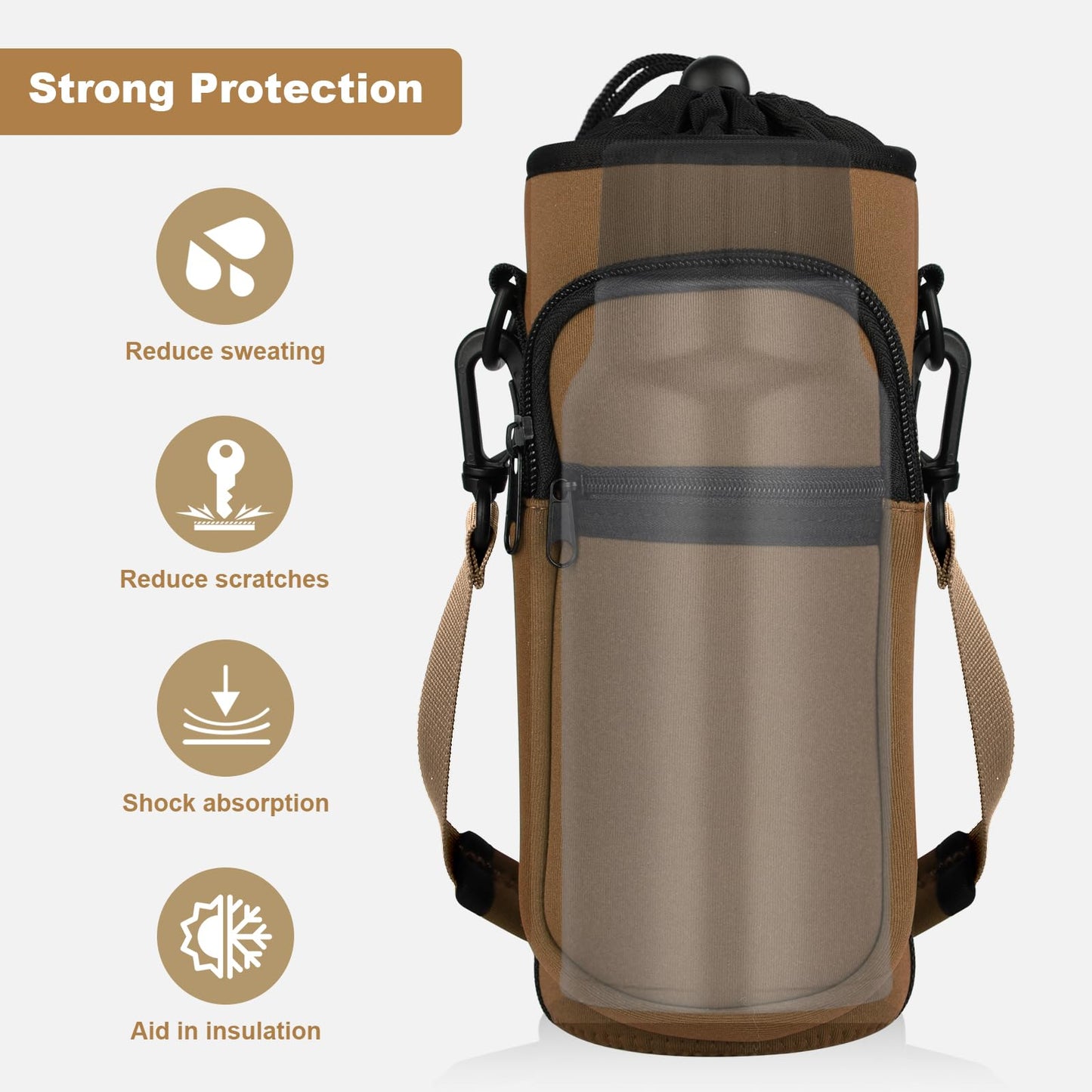 Bstge Water Bottle Holder with Strap, Water Bottle Carrier Bag with Phone Pocket, Shoulder Hand Strap Insulated Neoprene 32 oz Water Bottle Sleeve for Walking Hiking Camping Gym(Coffee)