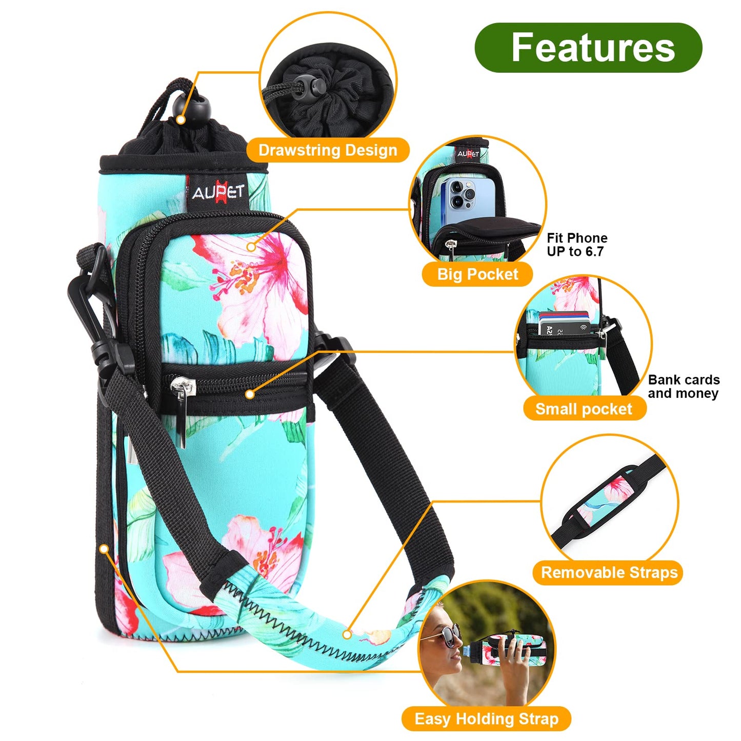 Water Bottle Sling Bag Sleeve Holder Carrier 25/32/40/64 oz ,Insulated Crossbody Water Bottle Case Cover with Strap and Pockets for Men/Women Walking Hiking Camping (25oz, flowers green background)