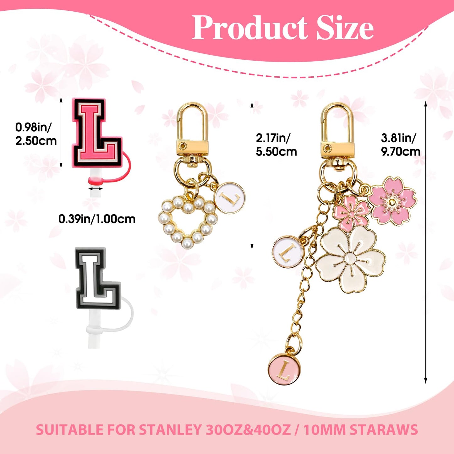 Lingdeer Water Bottle Handle with 2Pcs Letter Charms & 2Pcs Personalized Initial Straw Cover Toppers, Water Bottle Holder Lanyard Sling Carrier Strap, Suitable for 30&40 Oz Stanley Cup Accessories (L)