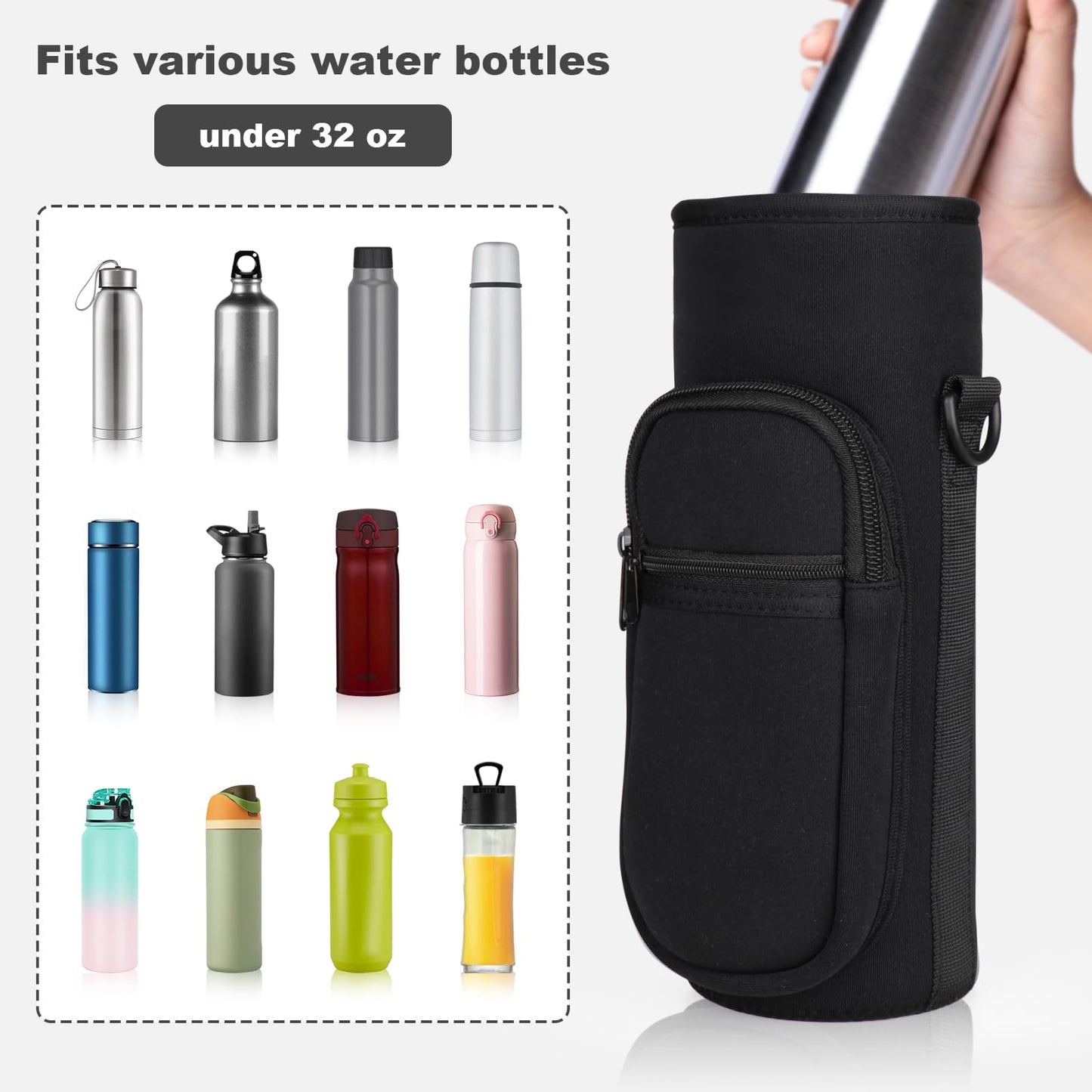 Water Bottle Holder with Strap, Water Bottle Carrier Bag with Phone Pocket, Shoulder Hand Strap Insulated Neoprene 40 oz Water Bottle Sleeve for Walking Hiking Camping Gym