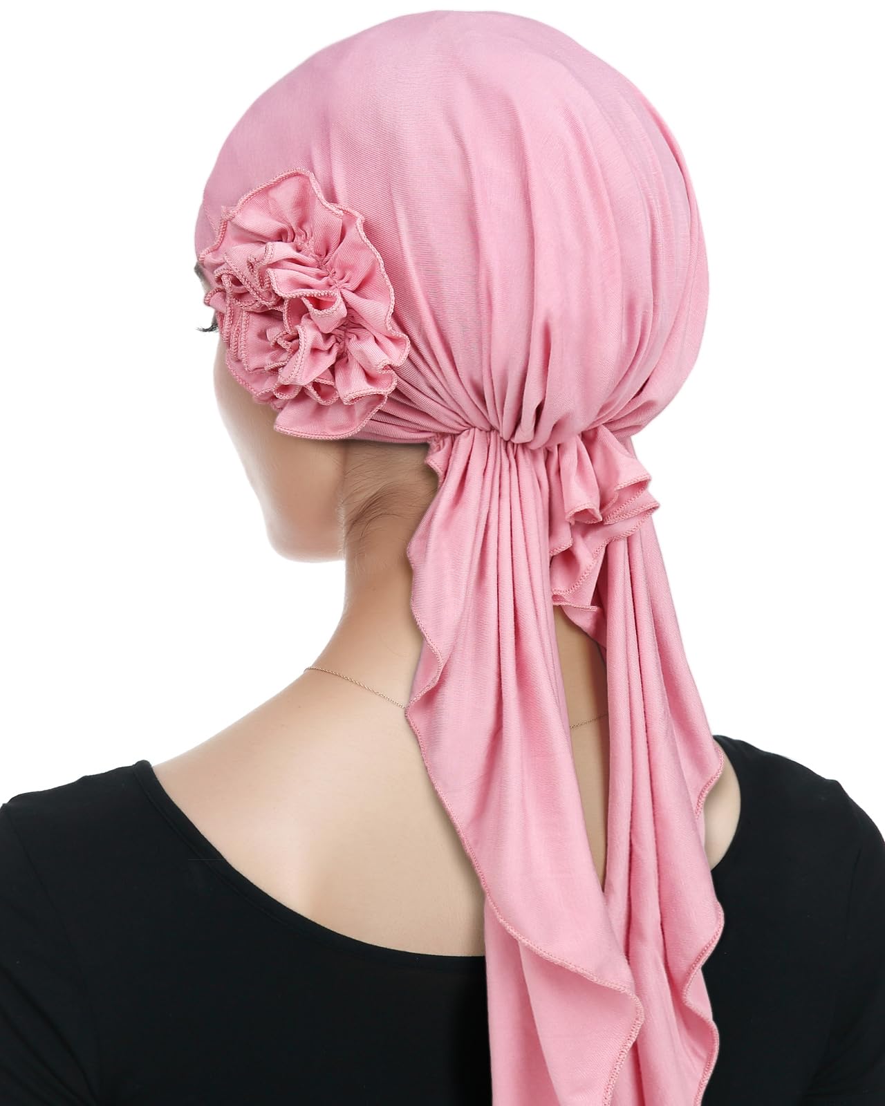 Womens Pre Tied Bandanas Soft Cancer Scarf Hair Cover Hat Pink