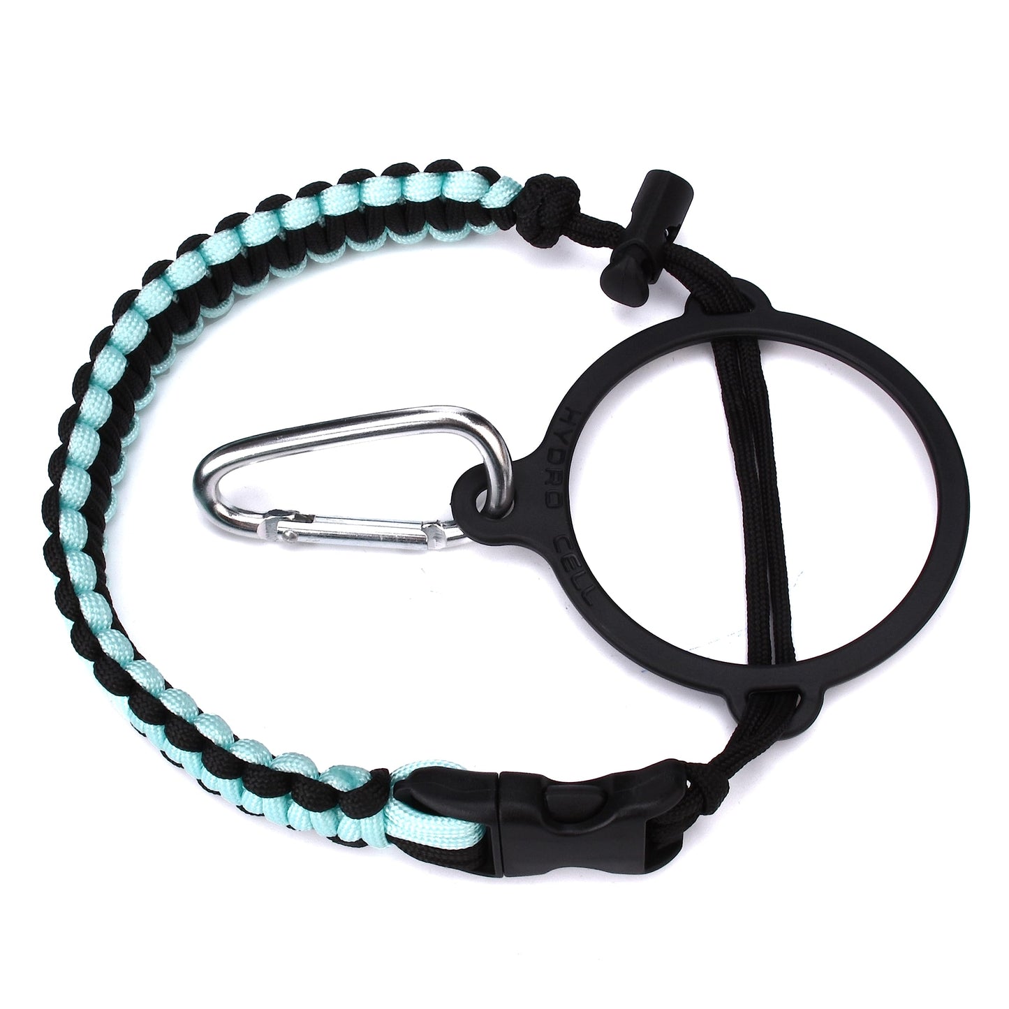 HYDRO CELL Paracord Handle for Wide Mouth Water Bottles - Carrier Strap w/Attachment Ring and Carabiner Accessory. Compatible w/ 64oz, 40oz 32oz, 24oz, 18oz, 14oz Insulated Bottles (Teal/Black)