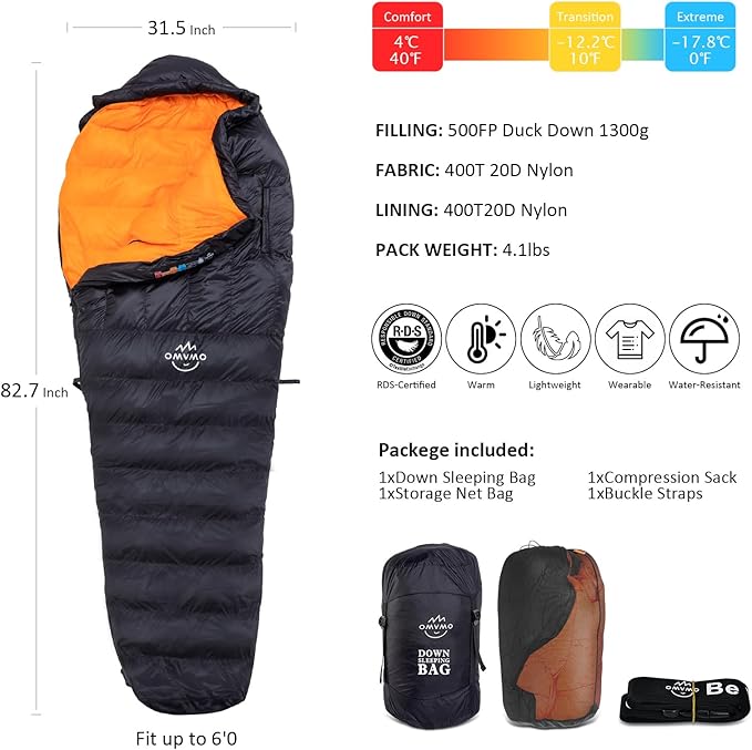 0-20 Degrees F Down Sleeping Bag for Adults - 4 Season Envelope With Arm Holes, Wearable for Backpacking Camping - Ultralight, Compact, Move Freely While Wearing