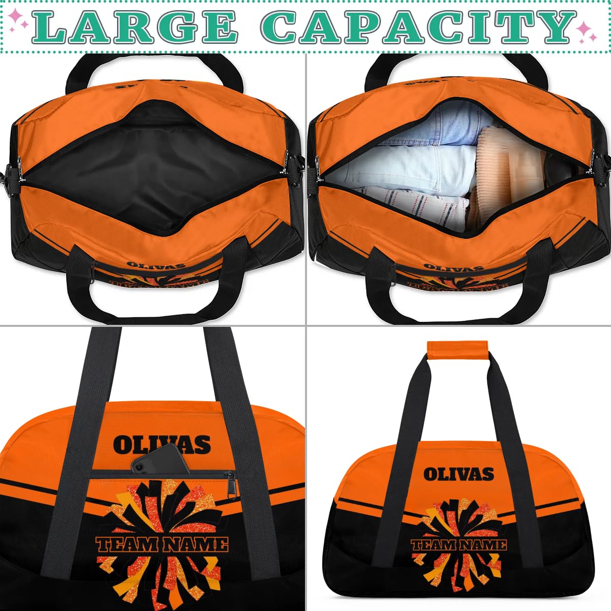 Personalized Cheerleader Bag Dance Bag for Girl, Custom Team Bag Gym Bag Sport Duffel Bag, Weekender Bags Travel Bag for Cheer Team Black Orange Glitter Glam