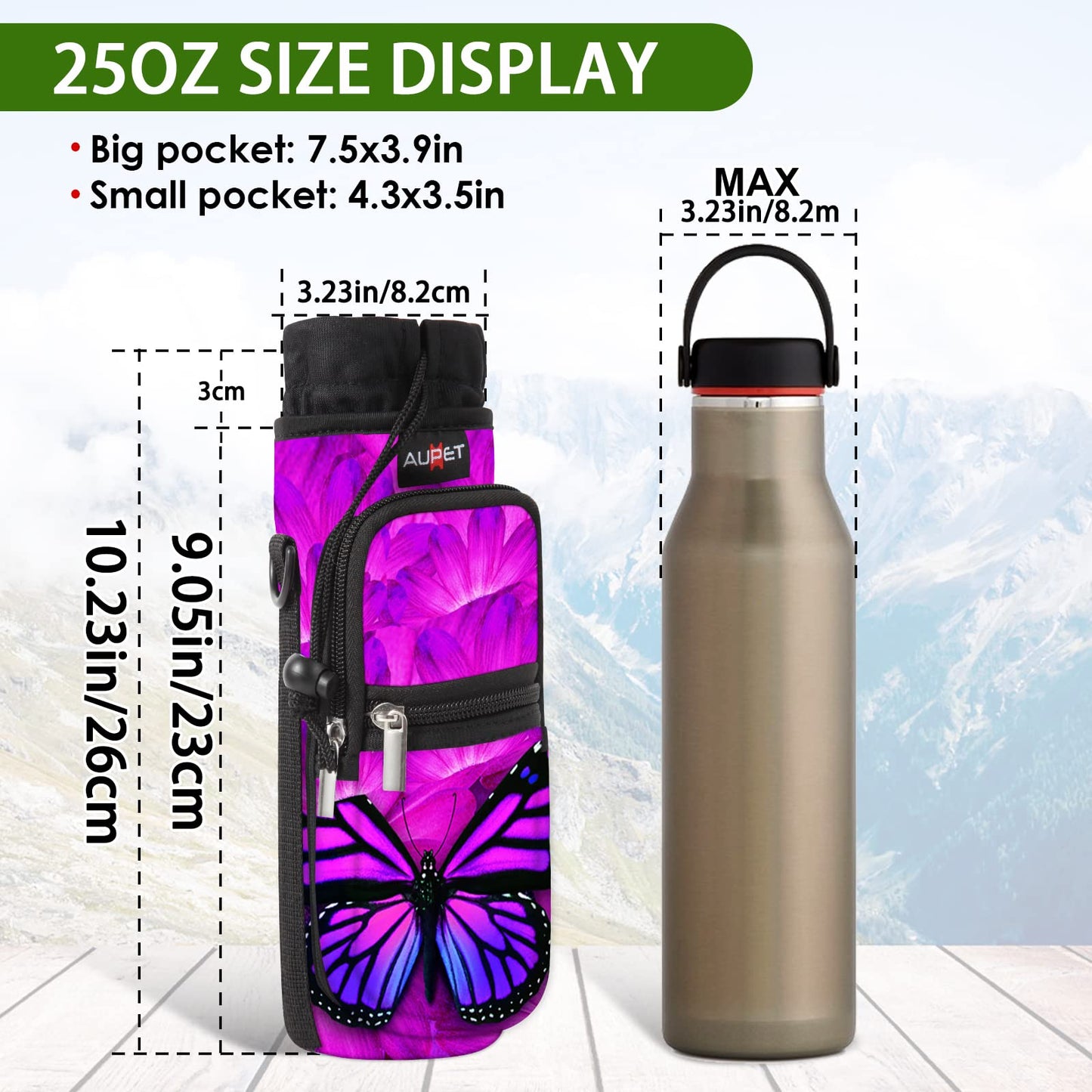 AUPET Water Bottle Sling Bag Sleeve Holder Carrier 25/32/40/64 oz,Insulated Crossbody Water Bottle Case Cover with Strap and Pockets for Men/Women Walking Hiking Camping (25oz, butterflys)