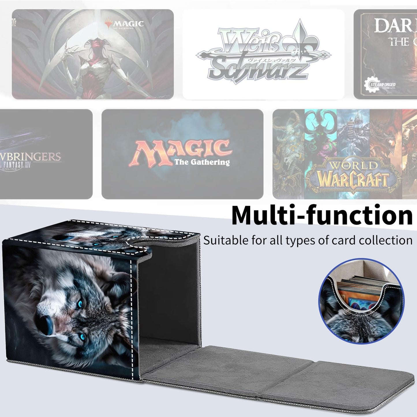 Qindaiwen Card Deck Box for Trading Cards, MTG Deck Box Fits 100+ Single Sleeved Cards, PU Leather Strong Magnet Card Deck Case Holder for Magic Commander TCG CCG, Wolf's Gaze