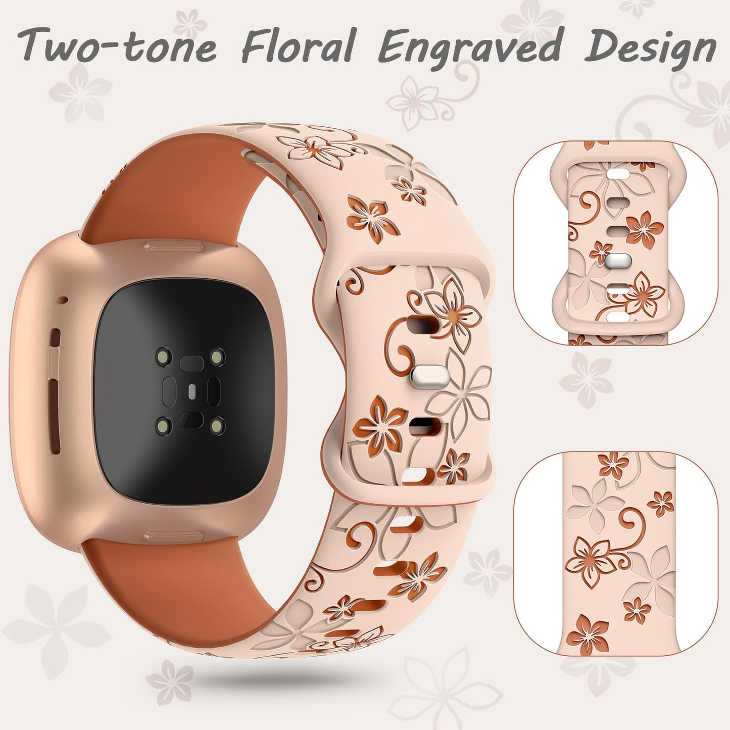 OHOTLOVE Floral Engraved Bands Compatible for Fitbit Sense Bands/Fitbit Versa 3 Bands Women/Fitbit Versa 4 Bands/Sense 2 Bands,Soft Cute Two-Tone Flower Sport Watch Strap Replacement Wristbands.D