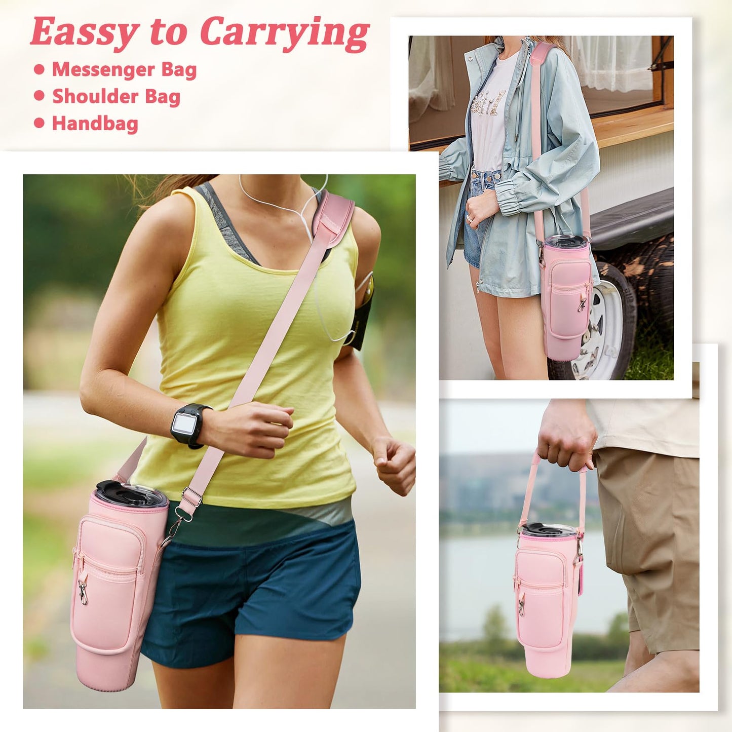 Water Bottle Carrier Bag with Phone Pocket Compatible with Stanley/Meoky 40 oz Tumbler with Handle,Neoprene Water Bottle Holder Pouch with Adjustable Strap Compatible with Stanley Cup Accessories,Pink