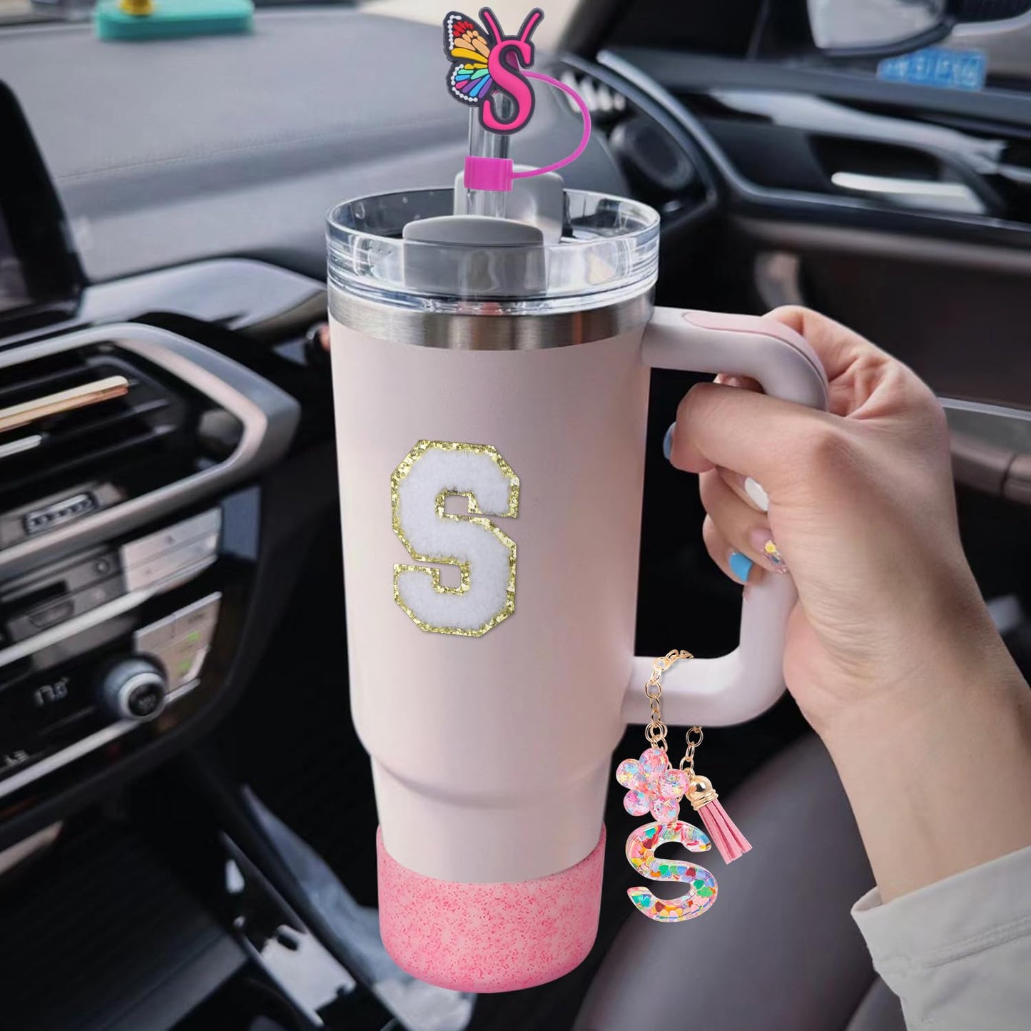 LA KEN DU Use for Stanley Cup Accessories Charms 40oz 30oz,Compatible with Stanley Cup Letter Charms for Handle Silicone Boot,Straw Cover Topper & Sticker(S)