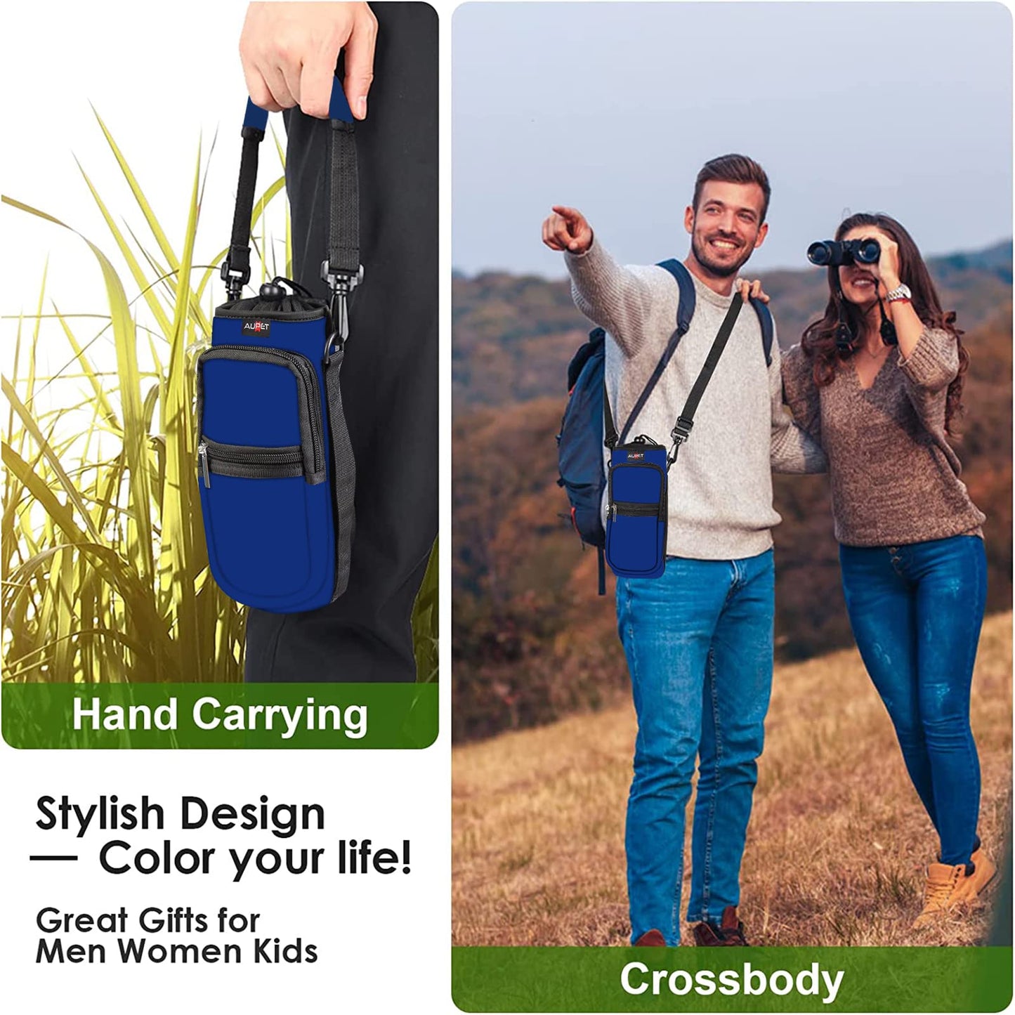 AUPET Water Bottle Sling Bag Sleeve Holder Carrier 25/32/40/64 oz,Insulated Crossbody Water Bottle Case Cover with Strap and Pockets for Men/Women Walking Hiking Camping (25oz, Grey camouflage)