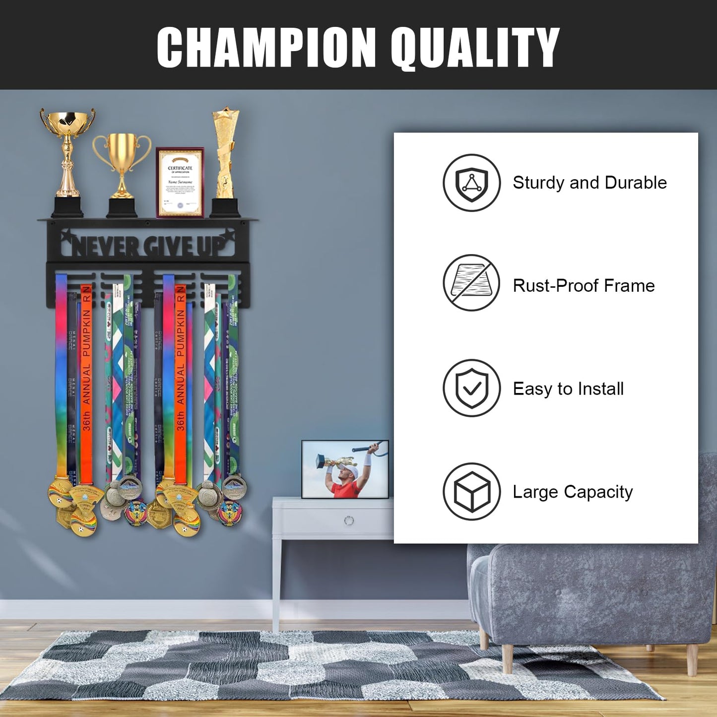 Takytao Medal Hanger Display with Trophy Shelf, Upgraded Sports Medal Holder Trophy Display Shelf Ribbon Holder Simple Wall Hanger with Motivational Words for Athletes and Youth