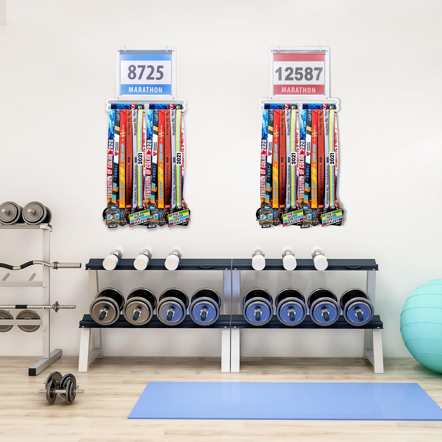 Moxweyeni Race Medal and Bib Display Medal Hanger Running Bib and Medal Holder Wall Mounted Hanging Medal Rack Holders with Bib Holder Gifts for Runners, 13.78 x 11.22 Inch (White)