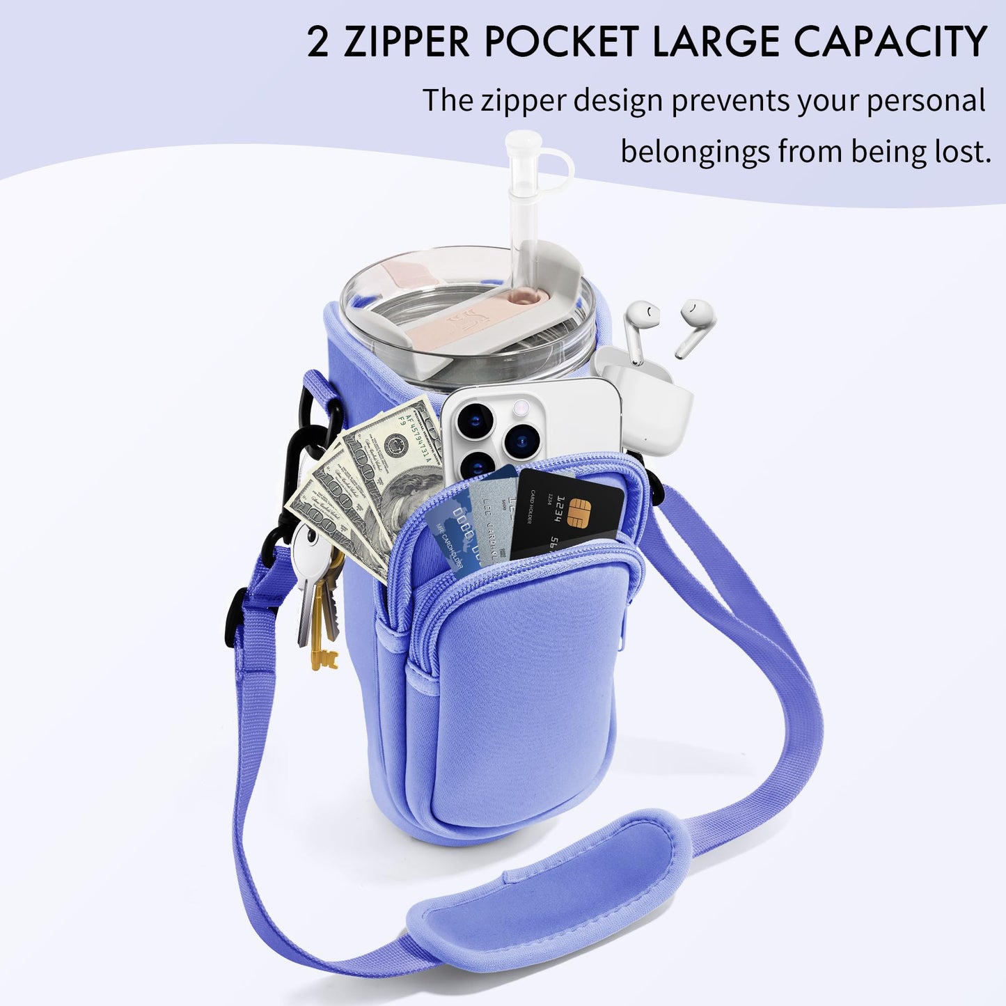 JEBEALUO Water Bottle Carrier Bag with Phone Pocket for Stanley Cup 40/30 oz, Water Bottle Holder with Adjustable Strap& Straw Cover, Stanley Cup Accessories (Violet)