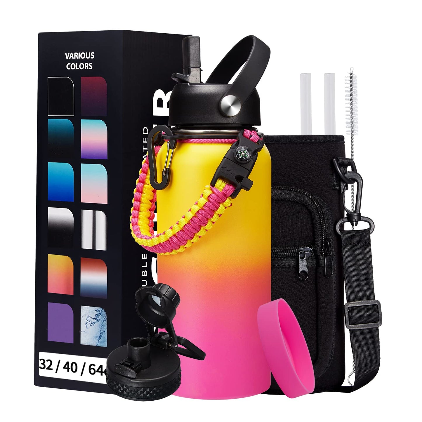 32/40/64oz Insulated Water Bottle with Paracord Handle, Sleeve Carry Strap, Straw Spout Lid, Wide Mouth Metal Canteen Sports Thermo Mug, Leak & Sweat Proof Cold Flask Jug for Camping Traveling