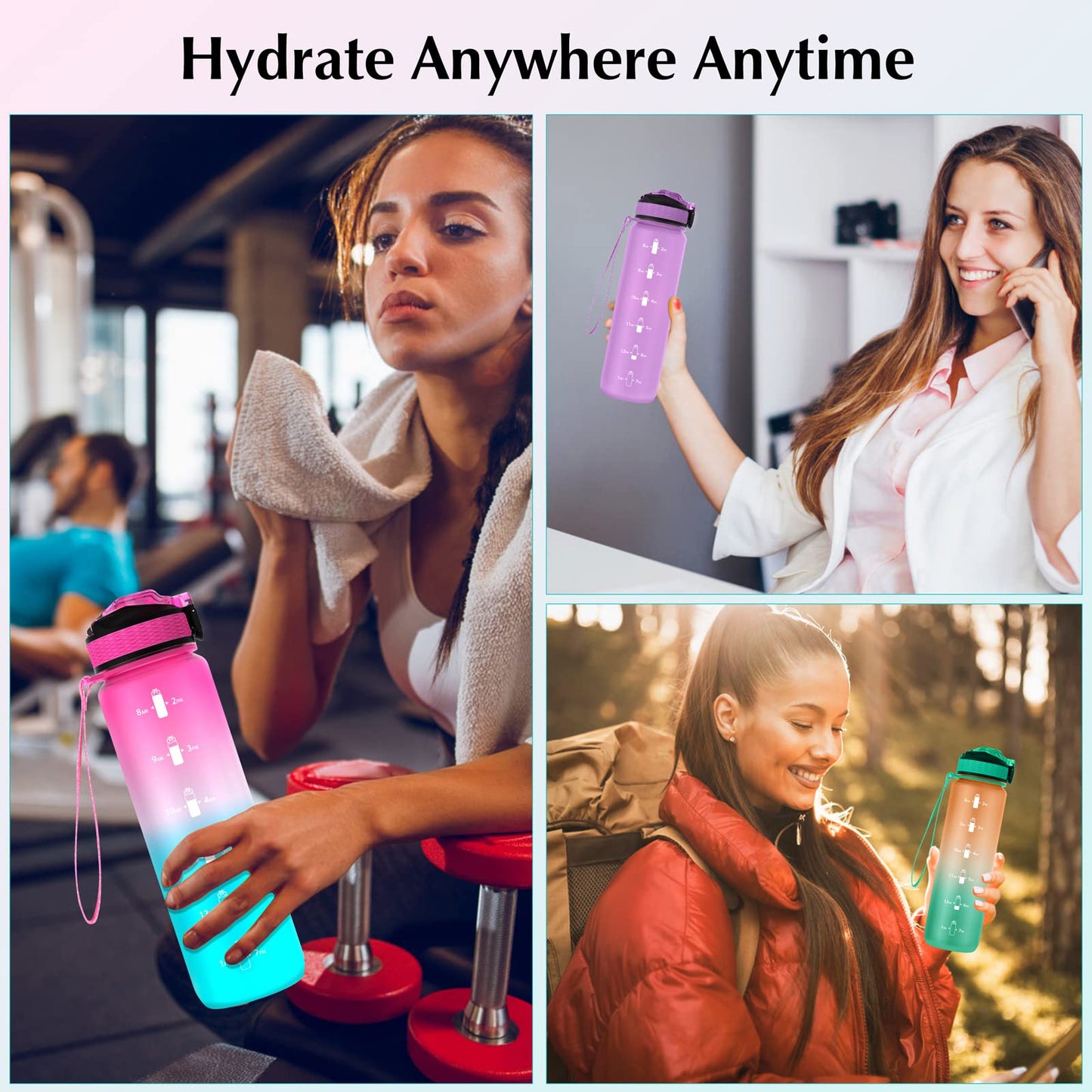 EYQ 32 oz Water Bottle with Time Marker, Carry Strap, Leak-Proof Tritan BPA-Free, Ensure You Drink Enough Water for Fitness, Gym, Camping, Outdoor Sports (Fuschia/Green Gradient)