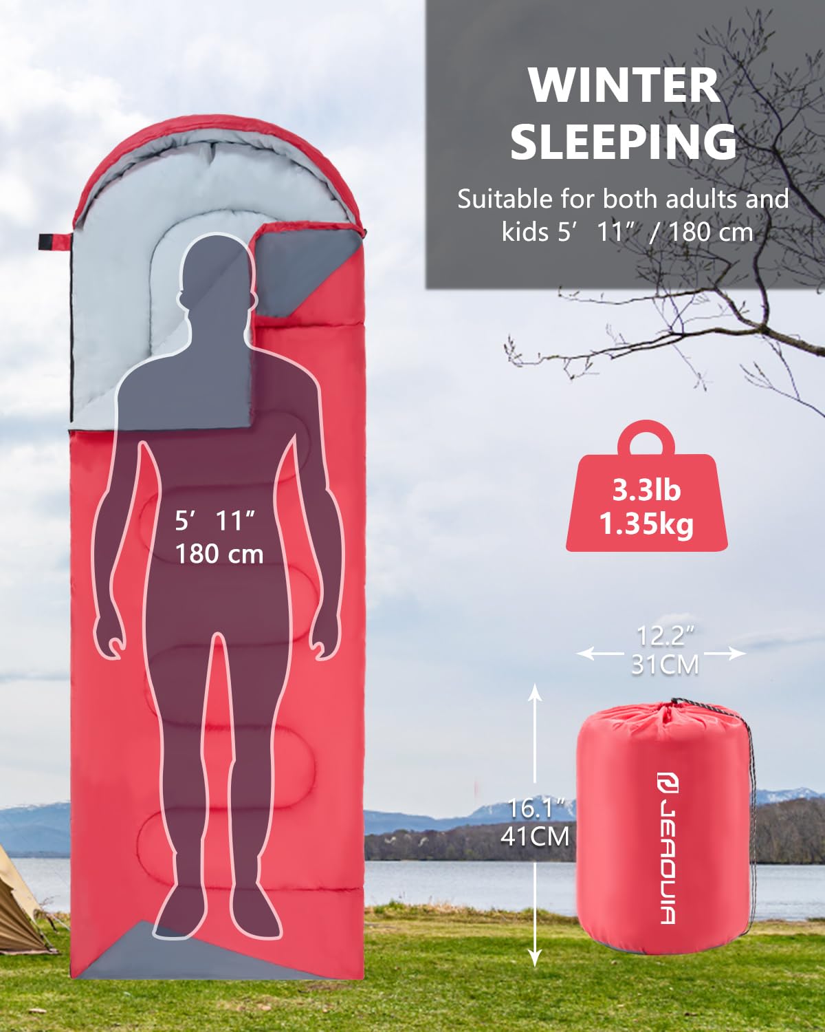 JEAOUIA Sleeping Bags for Adults Backpacking Lightweight Waterproof- Cold Weather Sleeping Bag for Girls Boys Mens for Warm Camping Hiking Outdoor Travel Hunting with Compression Bags(RED)