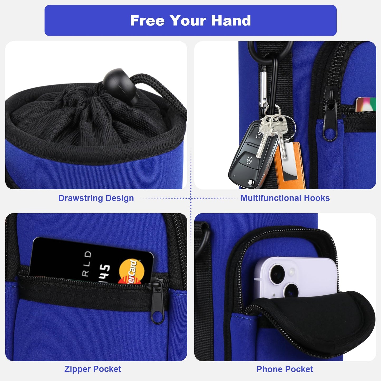 Bstge Water Bottle Holder with Strap, Water Bottle Carrier Bag with Phone Pocket, Shoulder Hand Strap Insulated Neoprene 32 oz Water Bottle Sleeve for Walking Hiking Camping Gym(Blue)