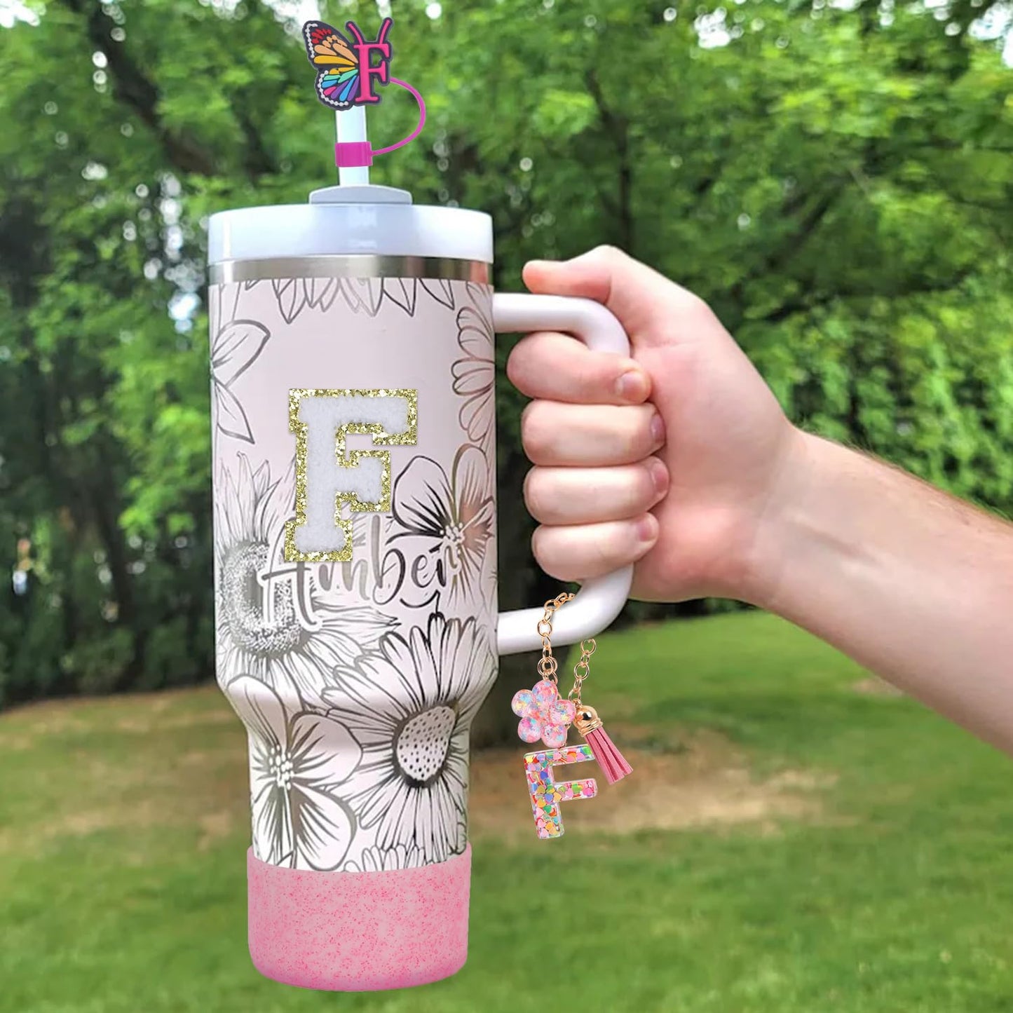 LA KEN DU Use for Stanley Cup Accessories Charms 40oz 30oz,Compatible with Stanley Cup Letter Charms for Handle Silicone Boot,Straw Cover Topper & Sticker(F)