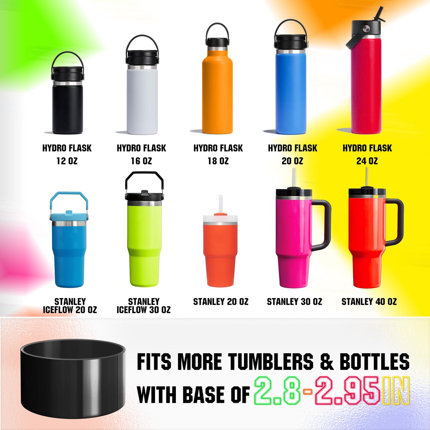 Neon Protective Silicone Boot for Stanley Cup 20-40oz, Hydro Flask 12-24oz & Simple Modern 20-40oz, Antislip Sleeve Cover Neon for More Tumblers & Water Bottles with 2.8-2.95" Base, Neon Black