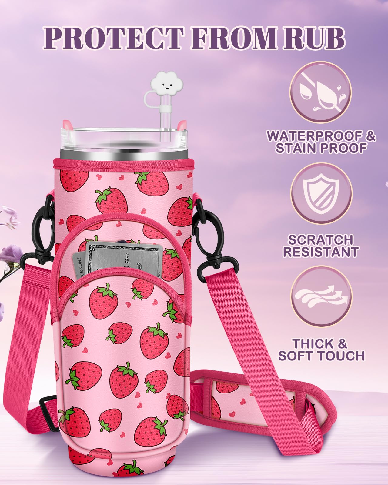 Toykee Water Bottle Holder Carrier Bag for Stanley 40 OZ Tumbler with Strap Phone Pocket, Wrap Around Drink Cup Purse Pouch with Straw Cover Cleaner Brush Accessories Strawberry Print