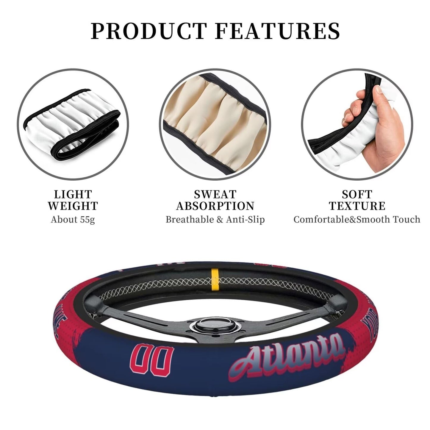 Atlanta Custom Car Steering Wheel Covers,Personalized Name and Number,Anti Slip Elasticity Baseball Car Accessories,Universal 15 Inch Fit Suit for Most Car,SUV,ATV,Truck.