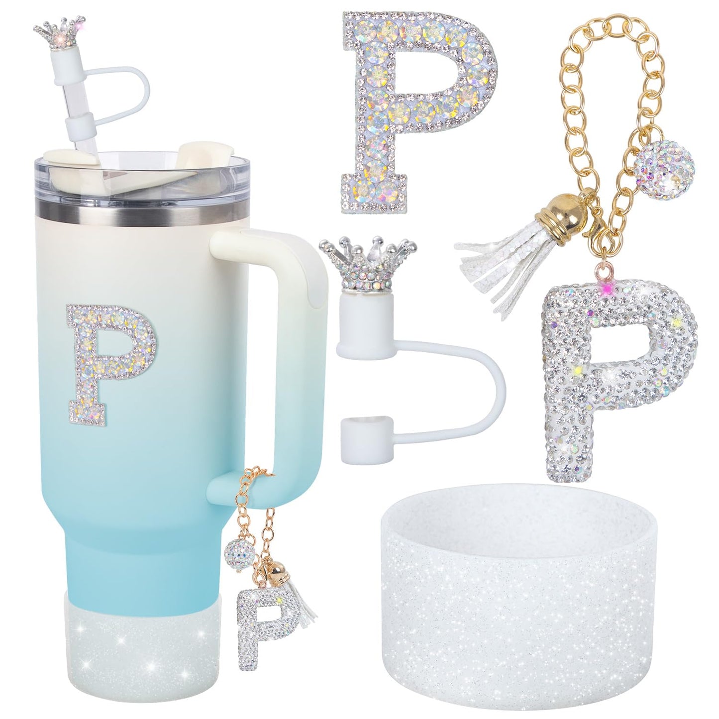 Letter Charms for Stanley Cup Handle,Silicone Boot Accessories Charms for Stanley Cup 40oz 30oz,Crown Straw Cover Topper & Diamond Sticker(P)