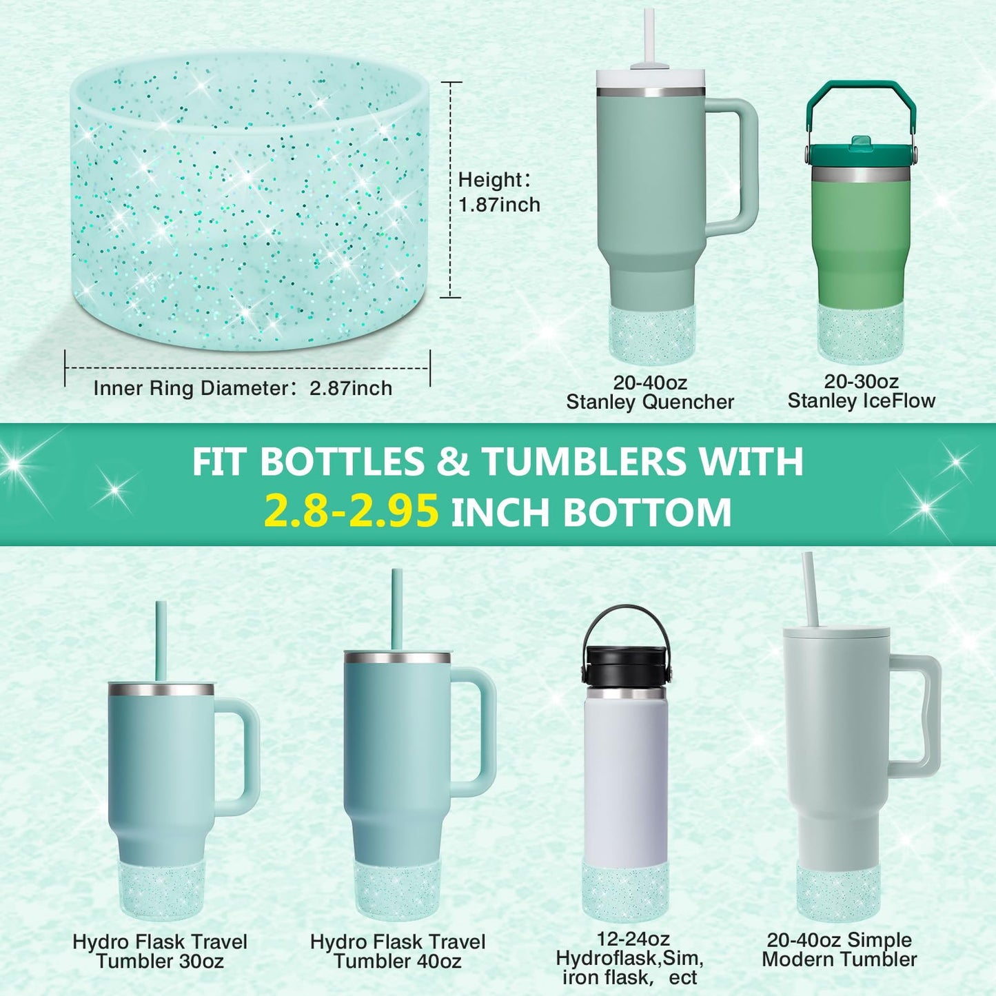 WUQID 2 Pack Bling Silicone Boot Compatible with Stanley Tumbler 20-40oz & Hydro Flask Water Bottle 12-24oz and More Bottles/Tumblers Bottom Width of 2.83-2.95in,Glitter Reduces Dents Sleeve Cover