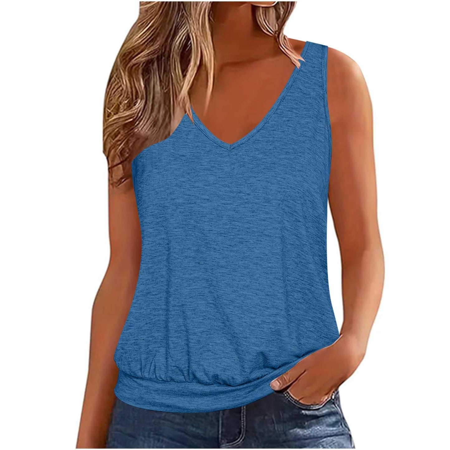 Womens Summer Tops Dressy Casual Banded Bottom Tank Tops Loose Fit V Neck Sleeveless Solid Basic Tee Shirts Blouses My Orders My Orders Lightning Deals of Today Prime of Day Deals Today 2024 Blue
