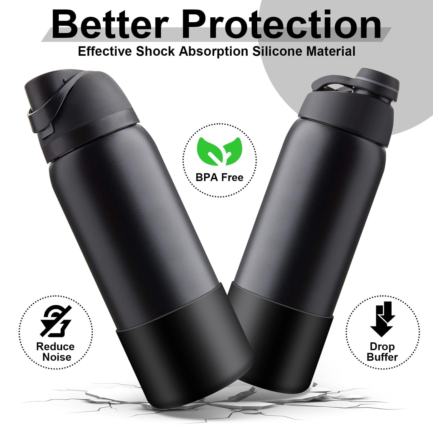 Comheral 2PCS Silicone Water Bottle Boot for Owala 32oz, Anti-Slip Protective Sleeve Bottom Bumper for FreeSip, Twist, and Flip Stainless Steel Bottles, Dishwasher Safe and BPA Free(Black)