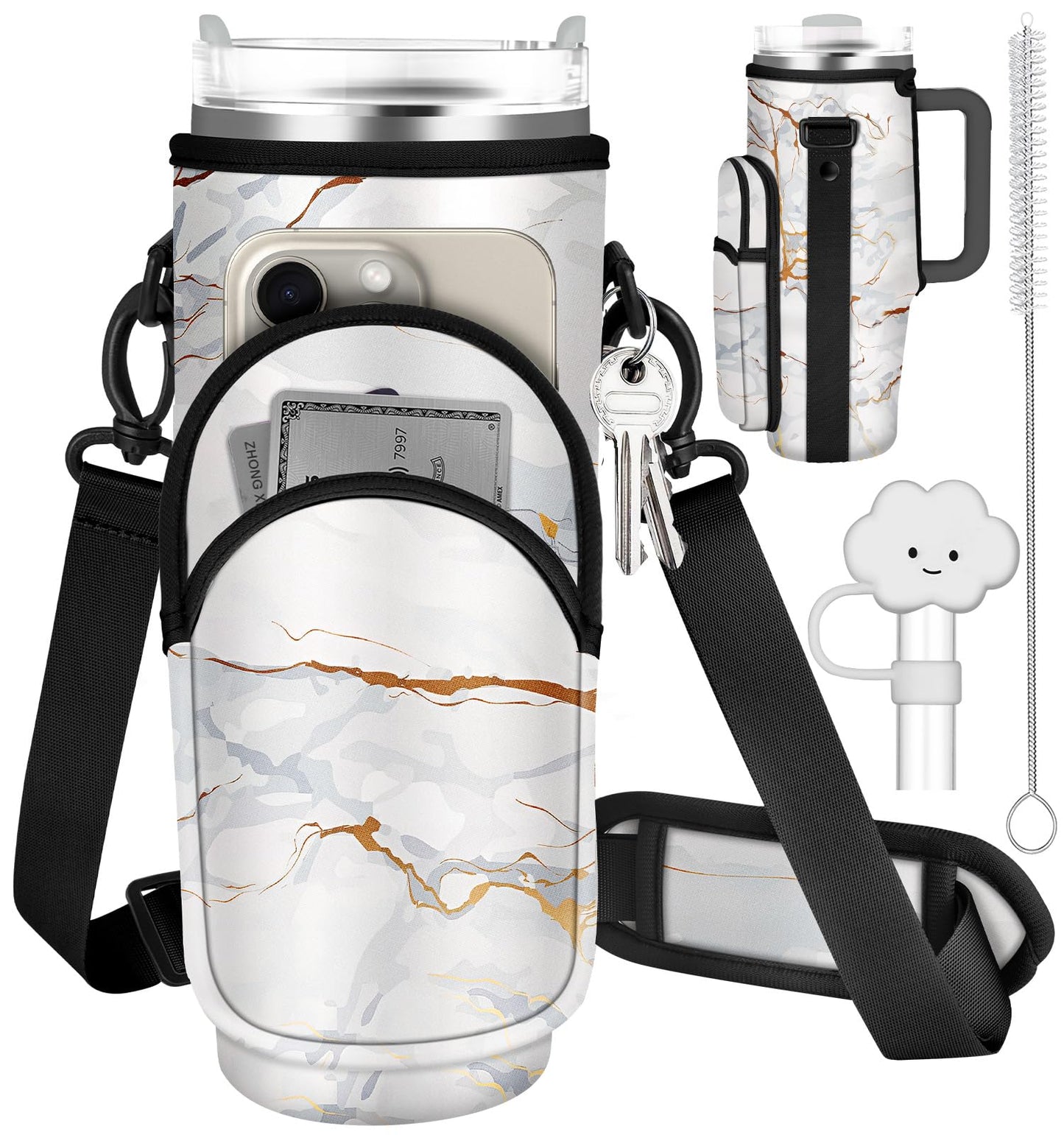 Toykee Water Bottle Holder Carrier Bag for Stanley 40 OZ Tumbler with Strap Phone Pocket, White Wrap Around Drink Cup Purse Pouch with Straw Cover Cleaner Brush Accessories Marble Print