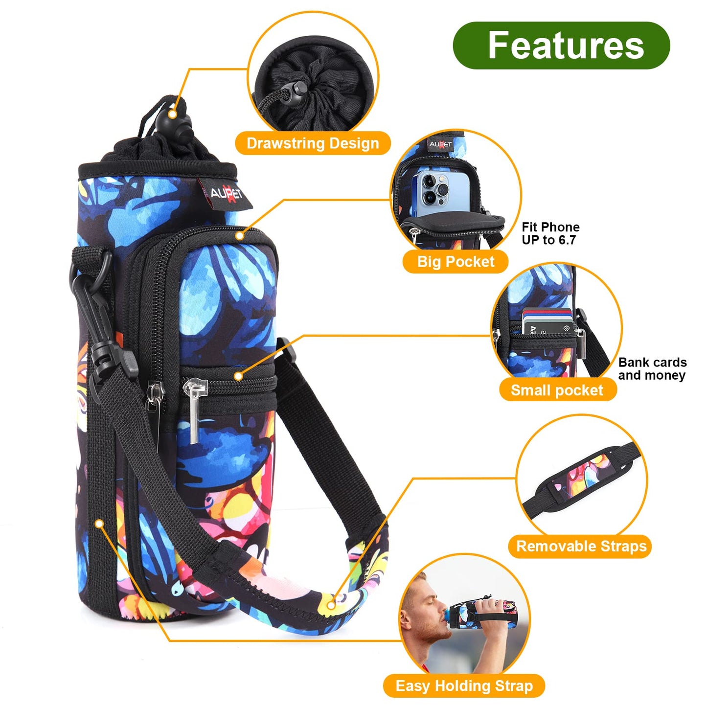 AUPET Water Bottle Sling Bag Sleeve Holder Carrier 25/32/40/64 oz,Insulated Crossbody Water Bottle Case Cover with Strap and Pockets for Men/Women Walking Hiking Camping (25oz, colorful butterfly)