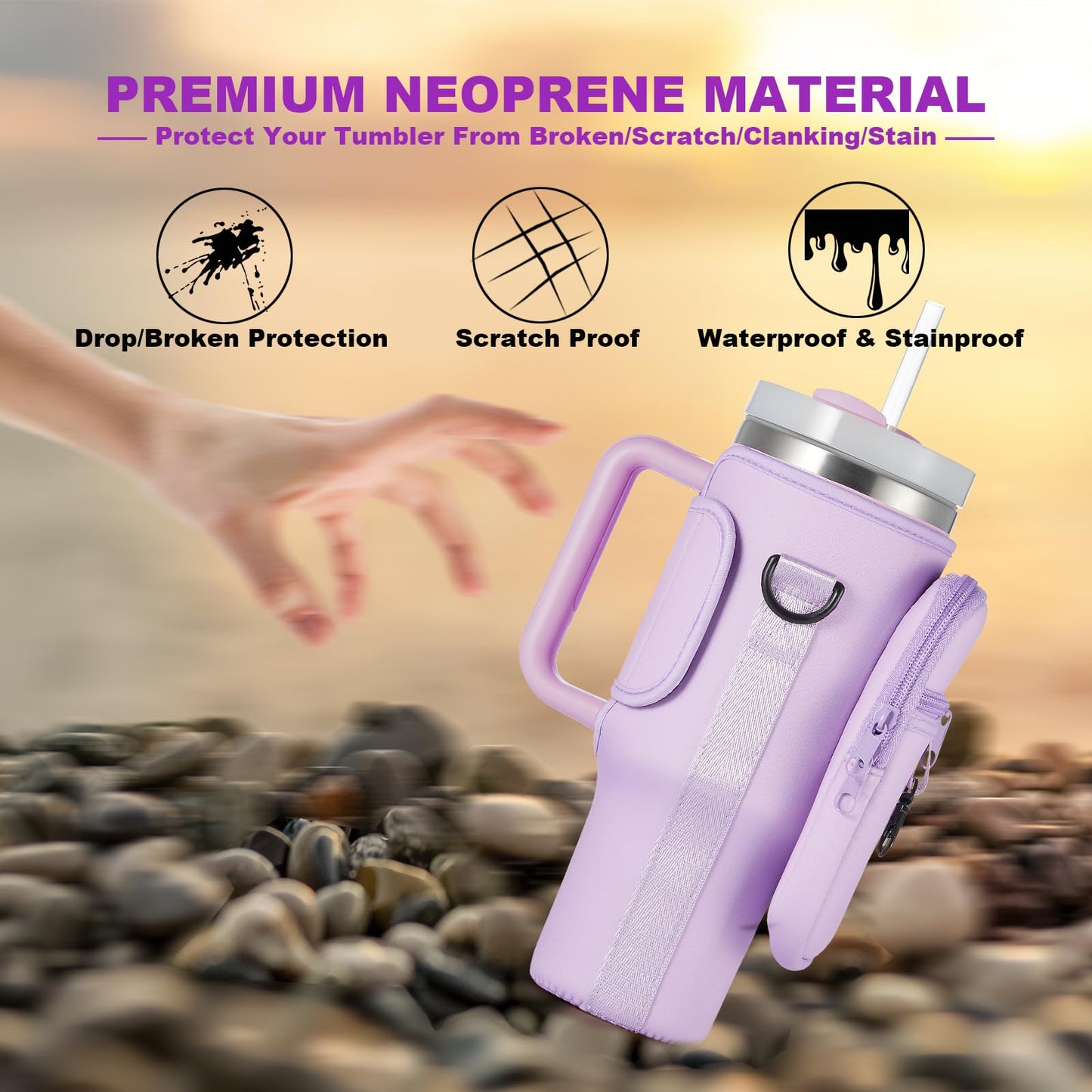 BULKITEM 30oz Water Bottle Carrier Bag with Phone Pocket for Purple Stanley 30 oz Tumbler with Handle, Purple Insulated Neoprene Cup Holder Pouch Strap for Orchid Stanley Cup Accessories
