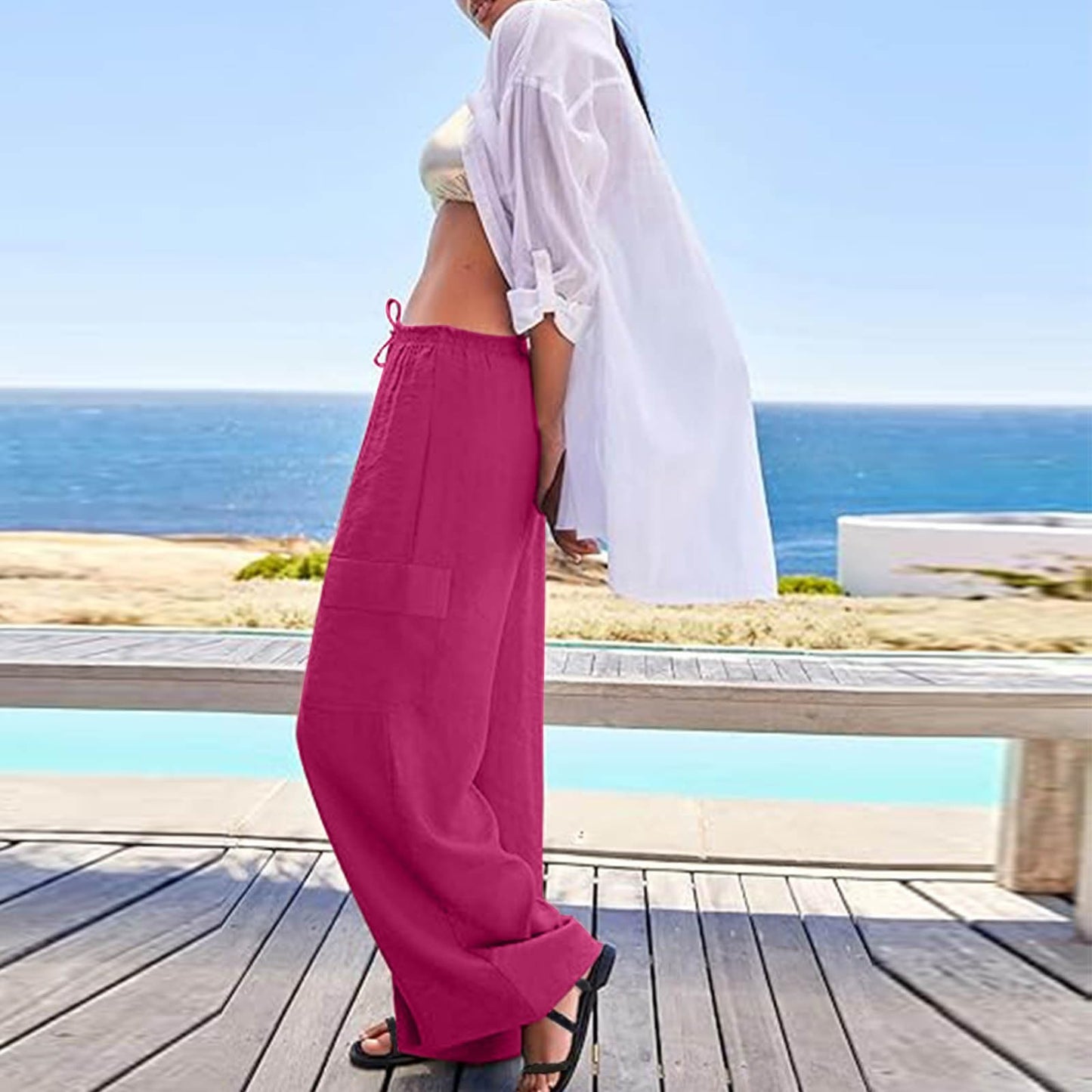 Turilly Women's Pants Baggy Loose Wide Leg Comfy Soft Pants Casual Drawstring Elastic Waisted Work Pants with Side Pockets Hot Pink