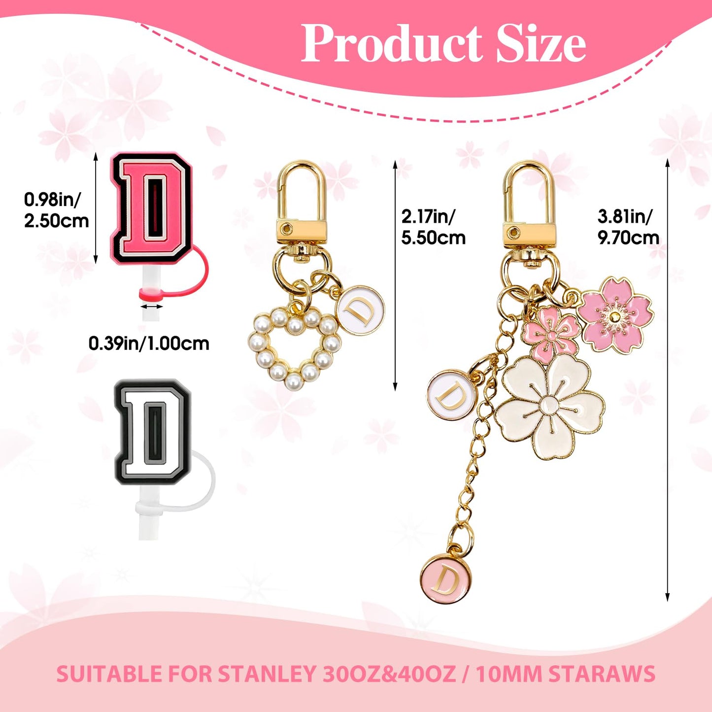 Lingdeer Water Bottle Handle with 2Pcs Letter Charms & 2Pcs Personalized Initial Straw Cover Toppers, Water Bottle Holder Lanyard Sling Carrier Strap, Suitable for 30&40 Oz Stanley Cup Accessories (D)