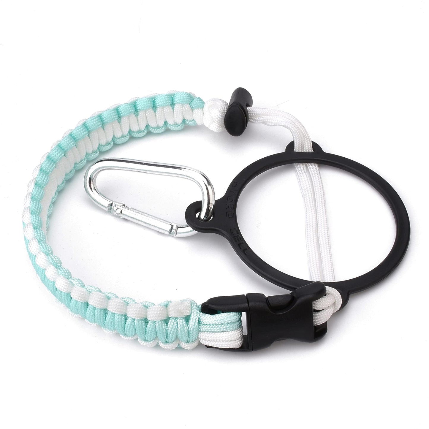 HYDRO CELL Paracord Handle for Wide Mouth Water Bottles - Carrier Strap w/Attachment Ring and Carabiner Accessory. Compatible w/ 64oz, 40oz 32oz, 24oz, 18oz, 14oz Insulated Bottles (Teal/White)