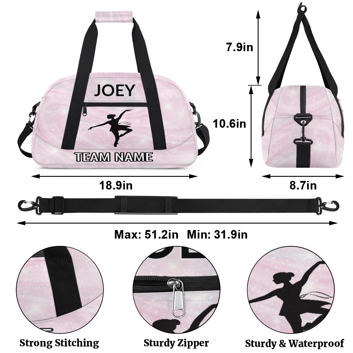 Voloreju Customize Dance Bag for Girl Personalized Kids Gym Bag Ballet Sports Bags with Name Team Name