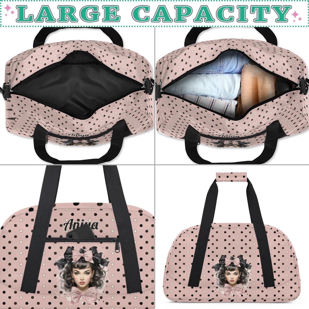 Personalized Gym Bag for Kids Girls, Bow Knot Girl Custom Small Duffel Bag with Padded Handles Carry On Weekend Travel Bag for School Practice Ball Games