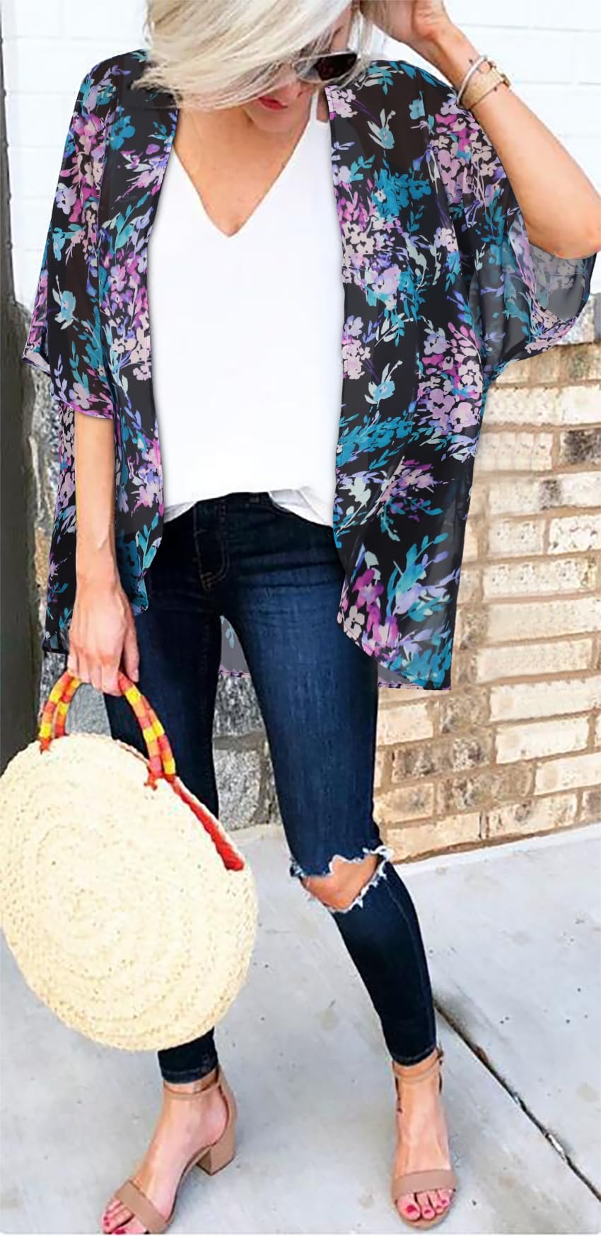 Womens Floral Kimono Cardigans Beach Coverups Loose Puff Sleeve Casual Tops (Purple Flowers Print,S)