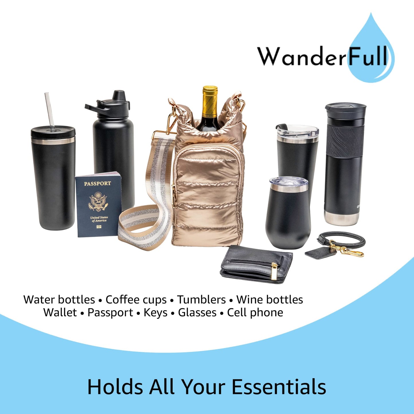 WanderFull Original Crossbody HydroBag | Quilted Water Bottle Carrier | Puffer Tote Tumbler Holder with Pockets for Phone & Accessories | Carry Travel Essentials (Gold Metallic/Interchangeable Strap)