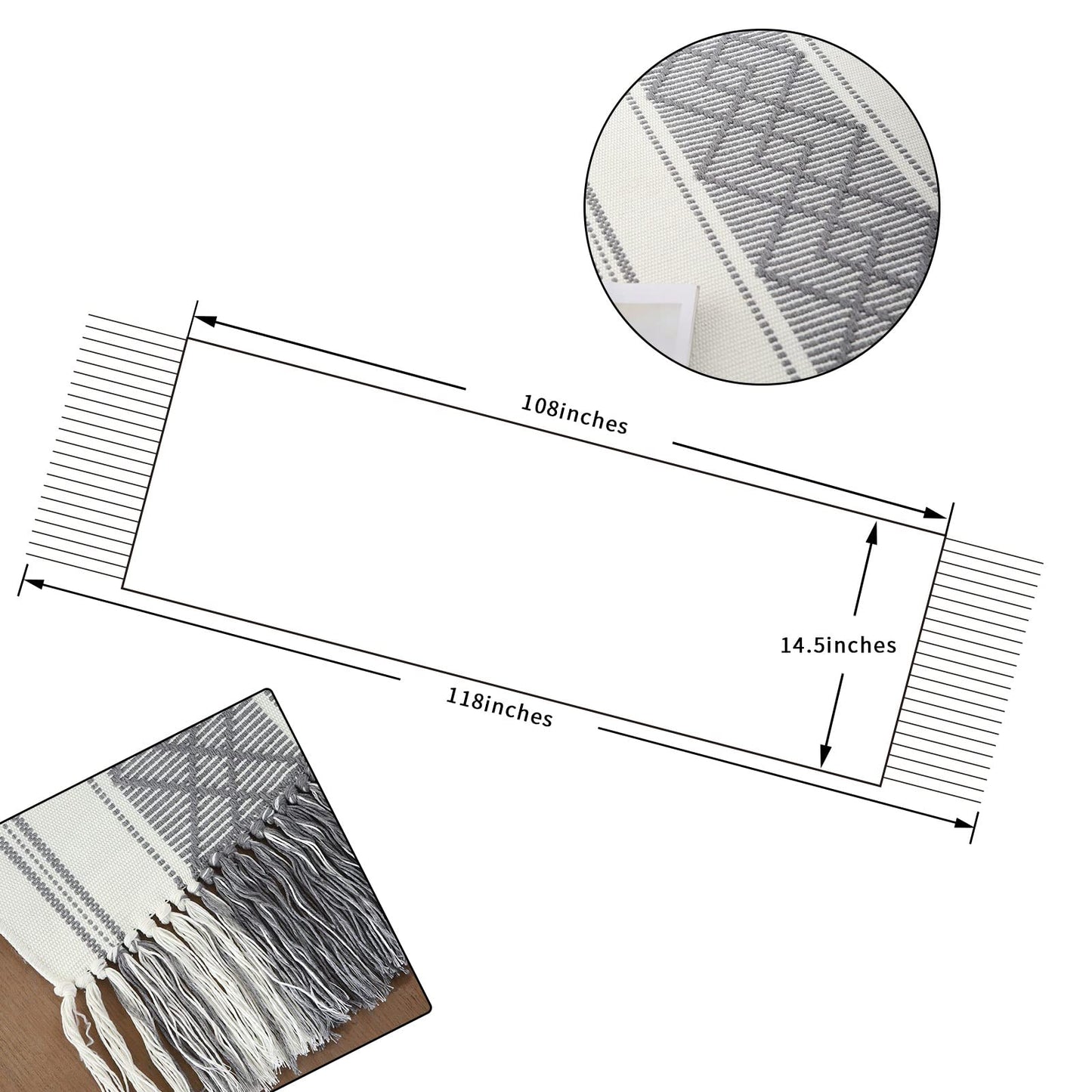 LUFEIJIASHI Woven Table Runners Farmhouse Style,Boho Table Runners 108 inches Long with Tassels Elegant Washable Table Runners for Dining Room ,Wedding,Holiday,Party Table Decor (14.5x108inch, Grey)