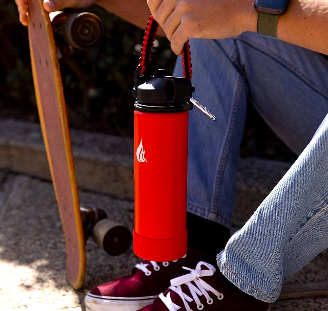 HYDRO CELL Paracord Handle for Wide Mouth Water Bottles - Carrier Strap w/Attachment Ring and Carabiner Accessory. Compatible w/ 64oz, 40oz 32oz, 24oz, 18oz, 14oz Insulated Bottles (Red/Black)